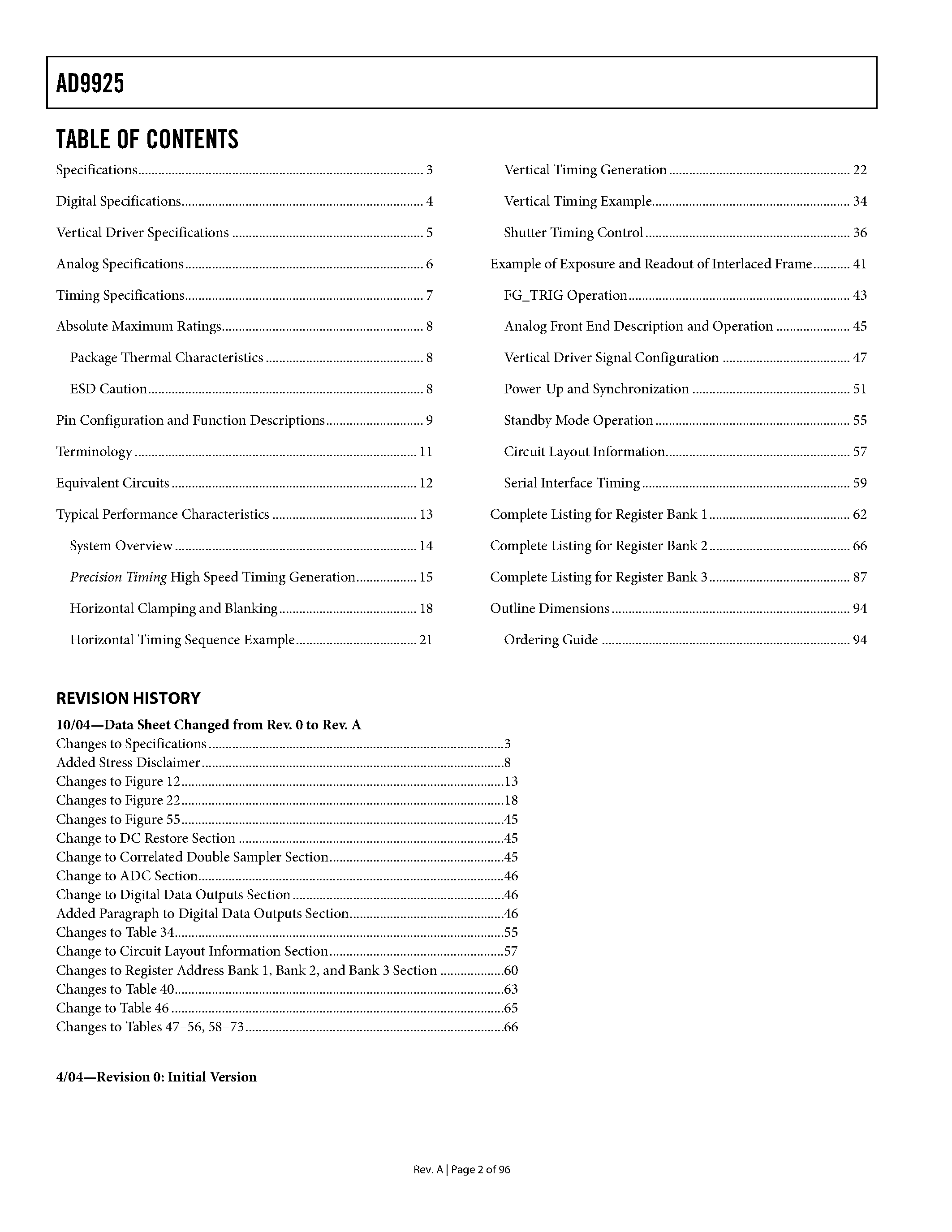 Datasheet AD9925 - CCD Signal Processor page 2