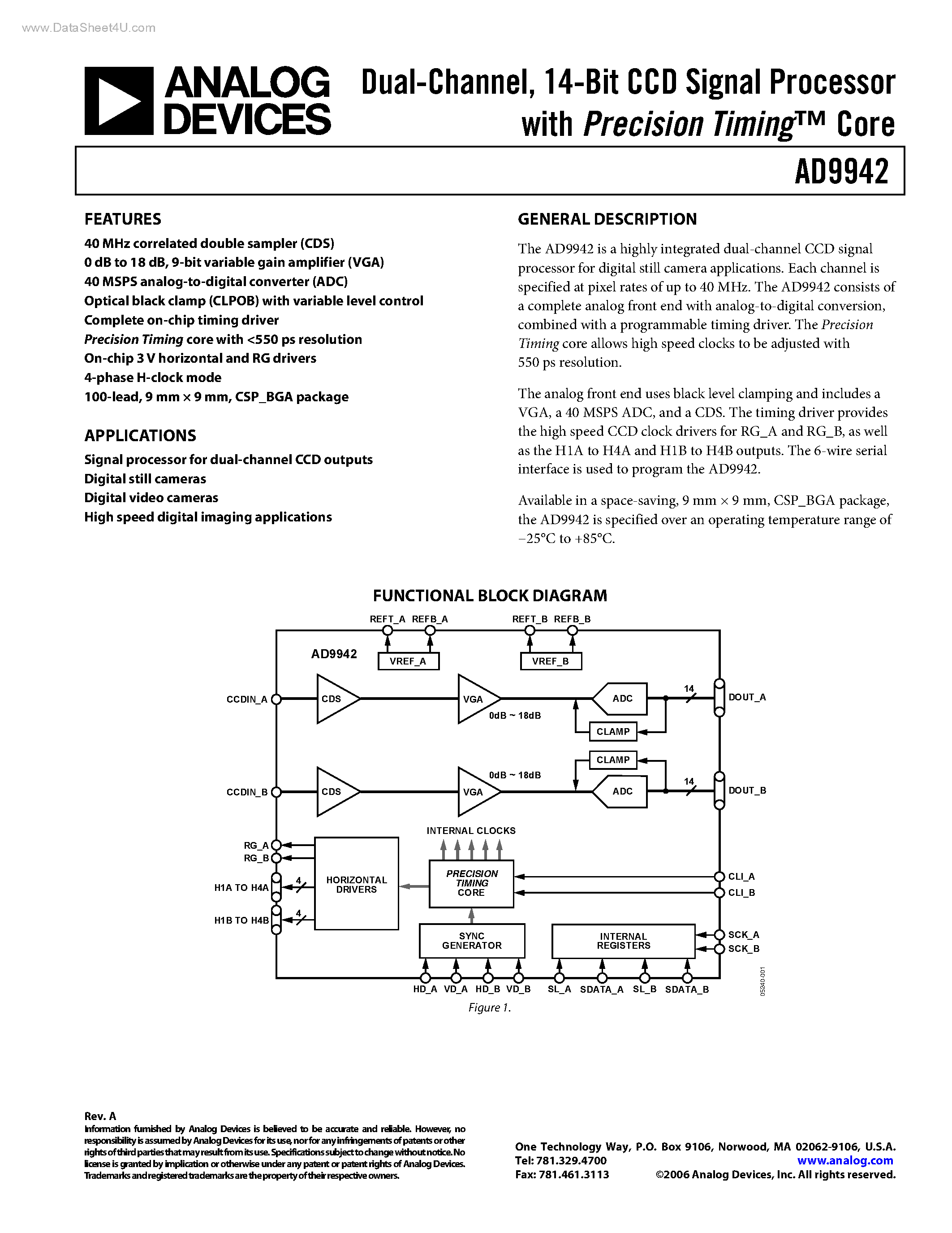 Datasheet AD9942 - 14-Bit CCD Signal Processor page 1