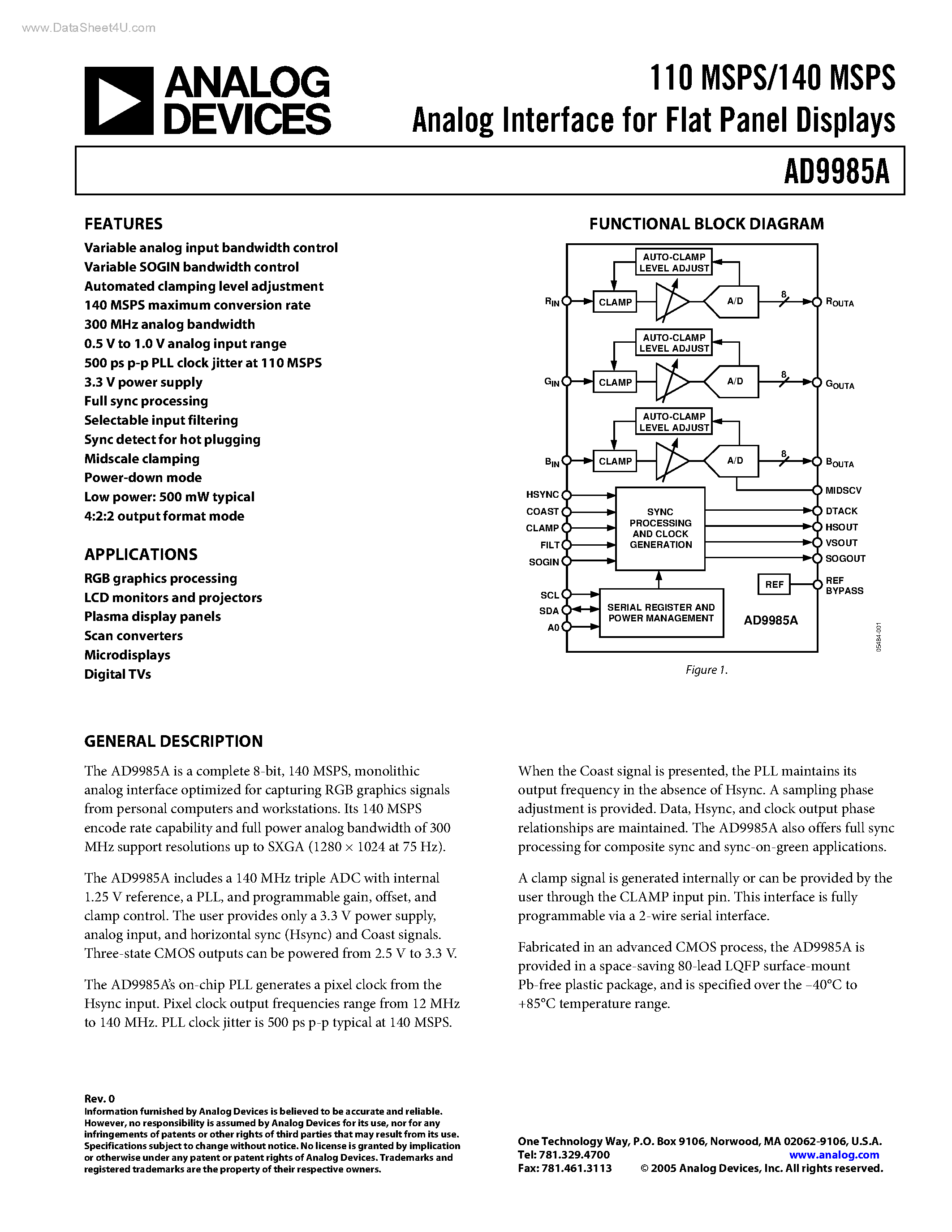 Datasheet AD9985A - Analog Interface page 1