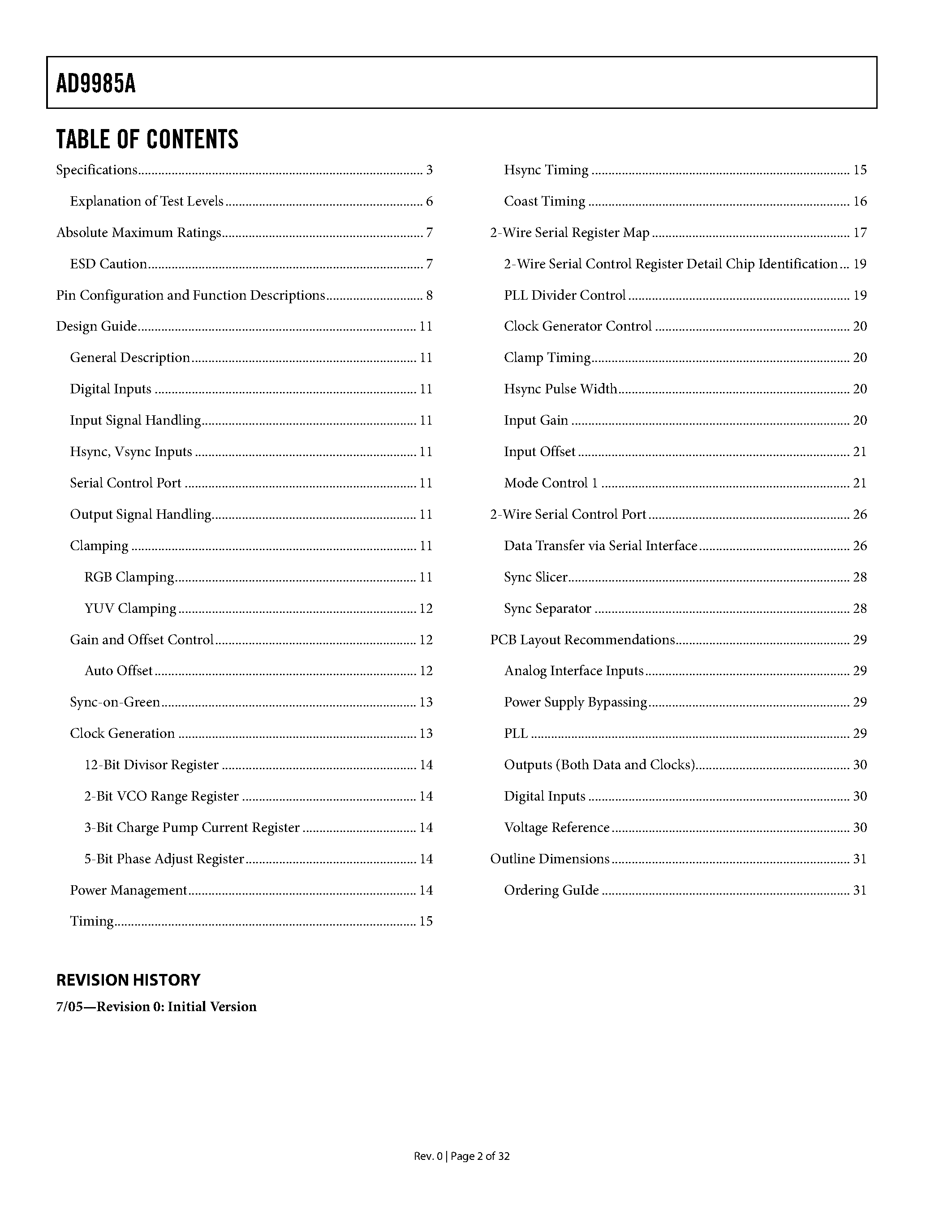 Datasheet AD9985A - Analog Interface page 2