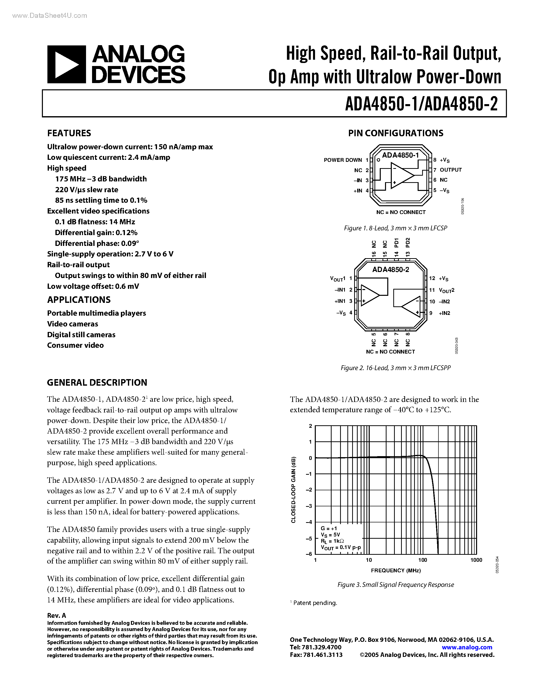 Даташит ADA4850-1 - (ADA4850-1/-2) Op Amp страница 1