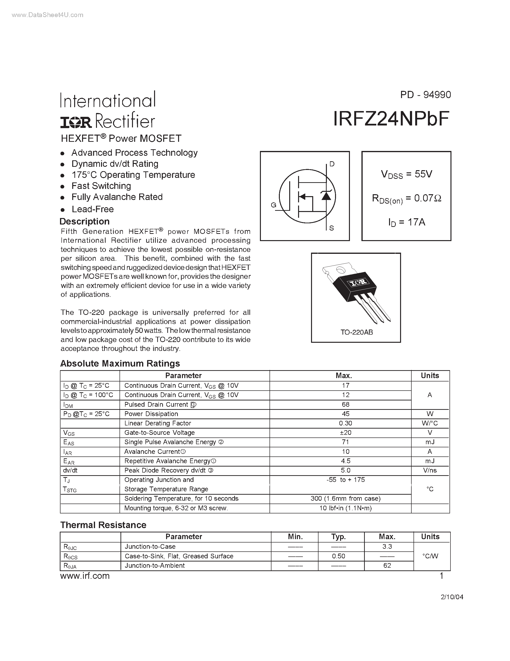 Даташит IRFZ24NPBF - HEXFET Power MOSFET страница 1