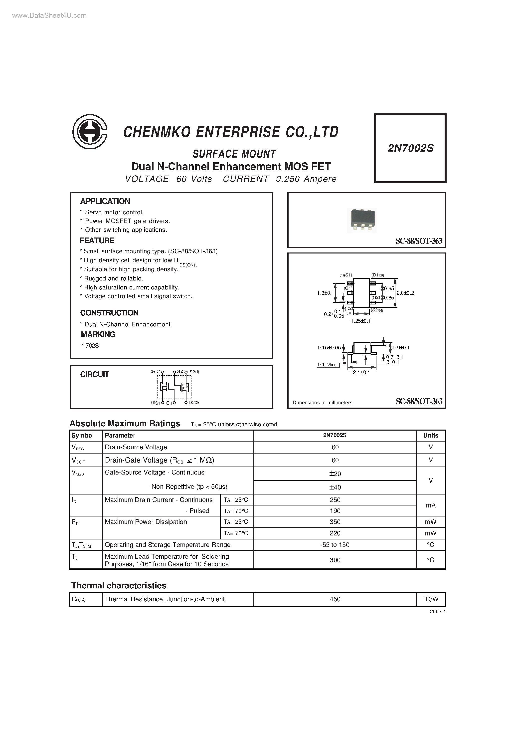 Даташит 2N7002S - SURFACE MOUNT Dual N-Channel Enhancement MOS FET страница 1