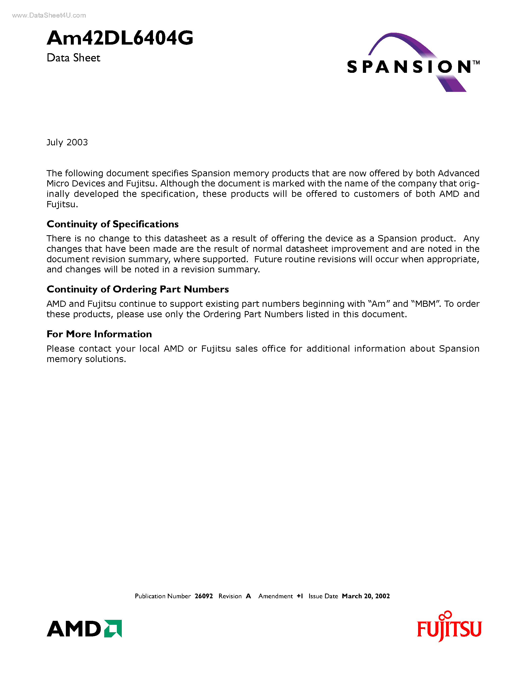 Datasheet AM42DL6404G - Stacked Multi-Chip Package (MCP) Flash Memory and SRAM page 1