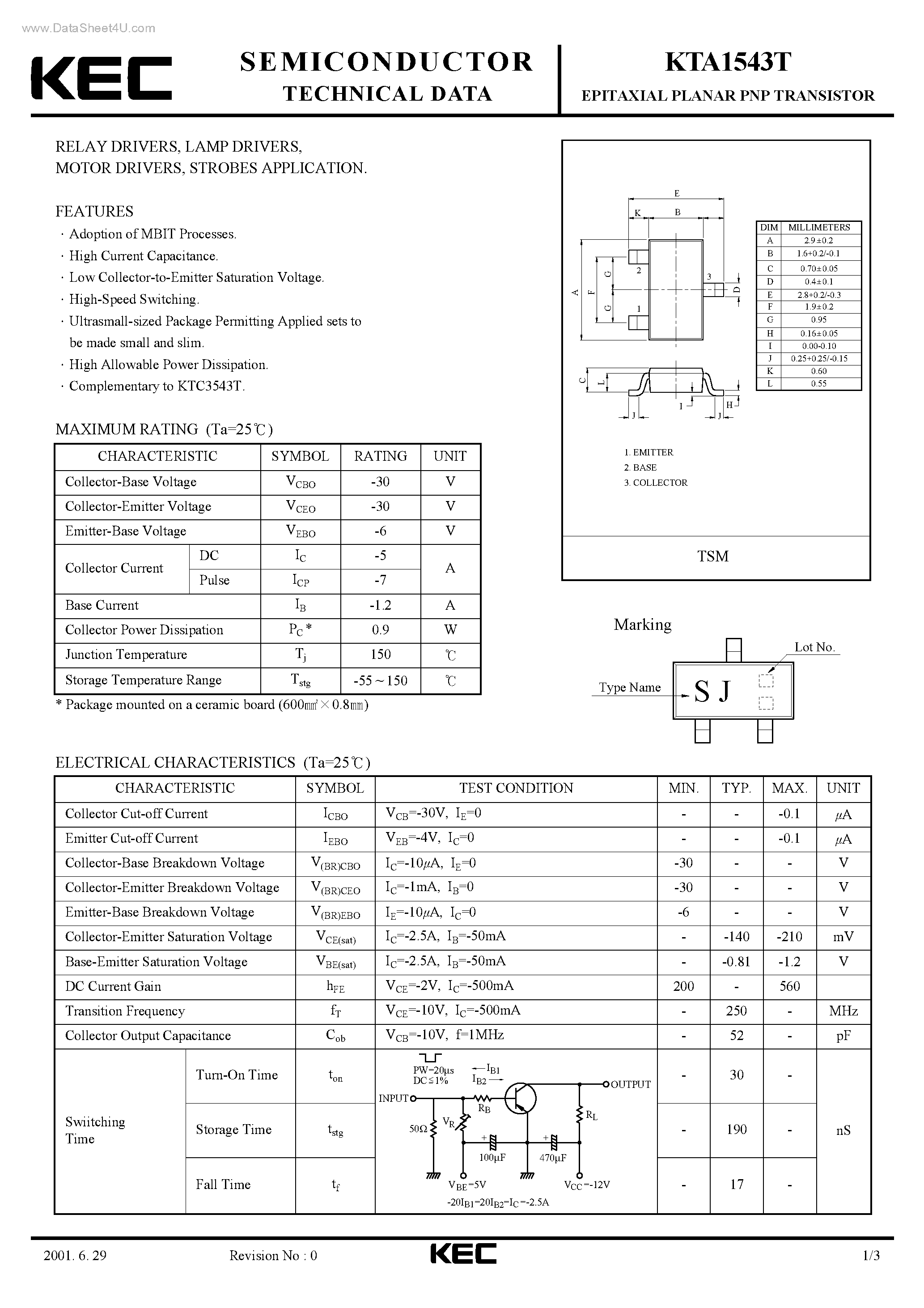 Даташит KTA1543T - EPITAXIAL PLANAR PNP TRANSISTOR страница 1