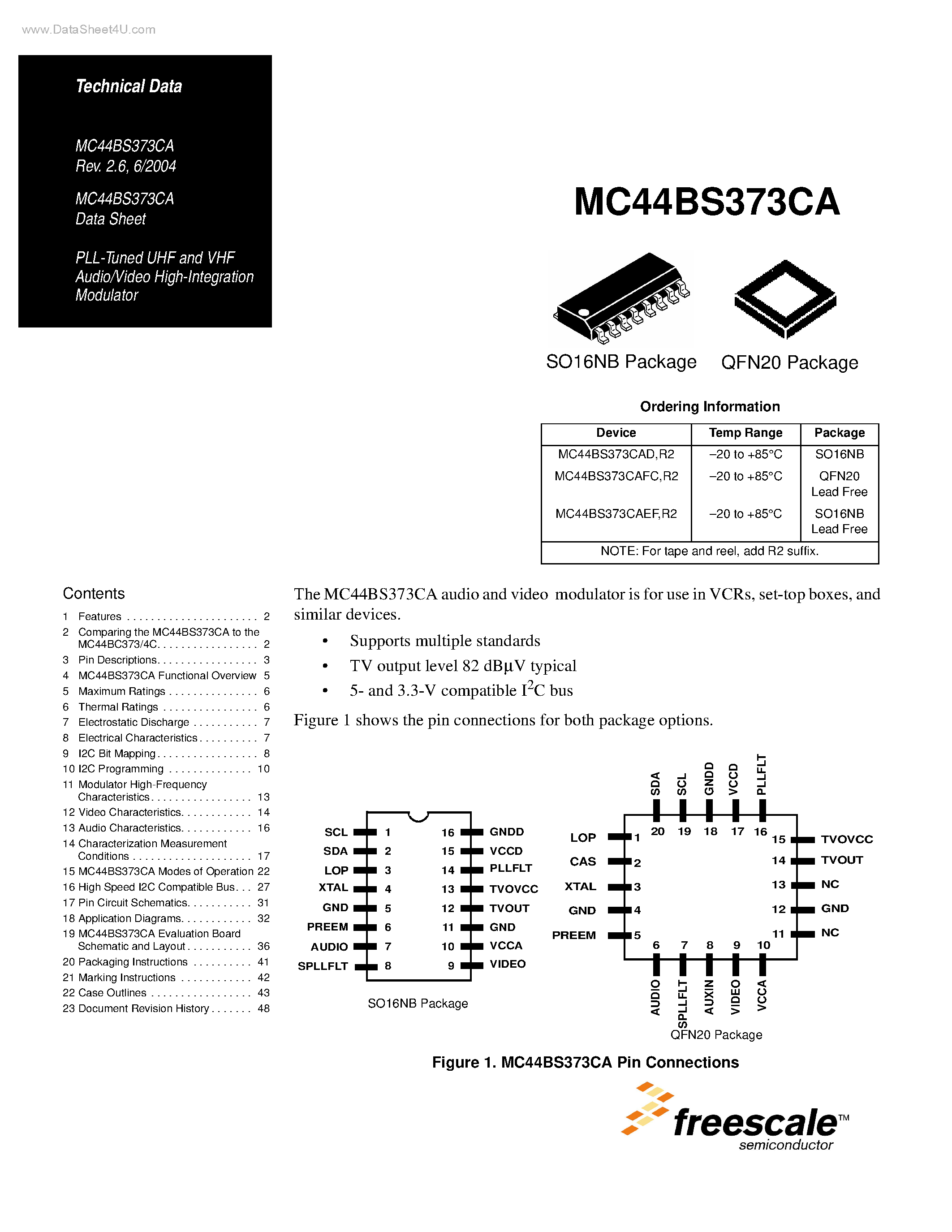 Datasheet MC44BS373CA - PLL-Tuned UHF and VHF Audio/Video High-Integration Modulator page 1