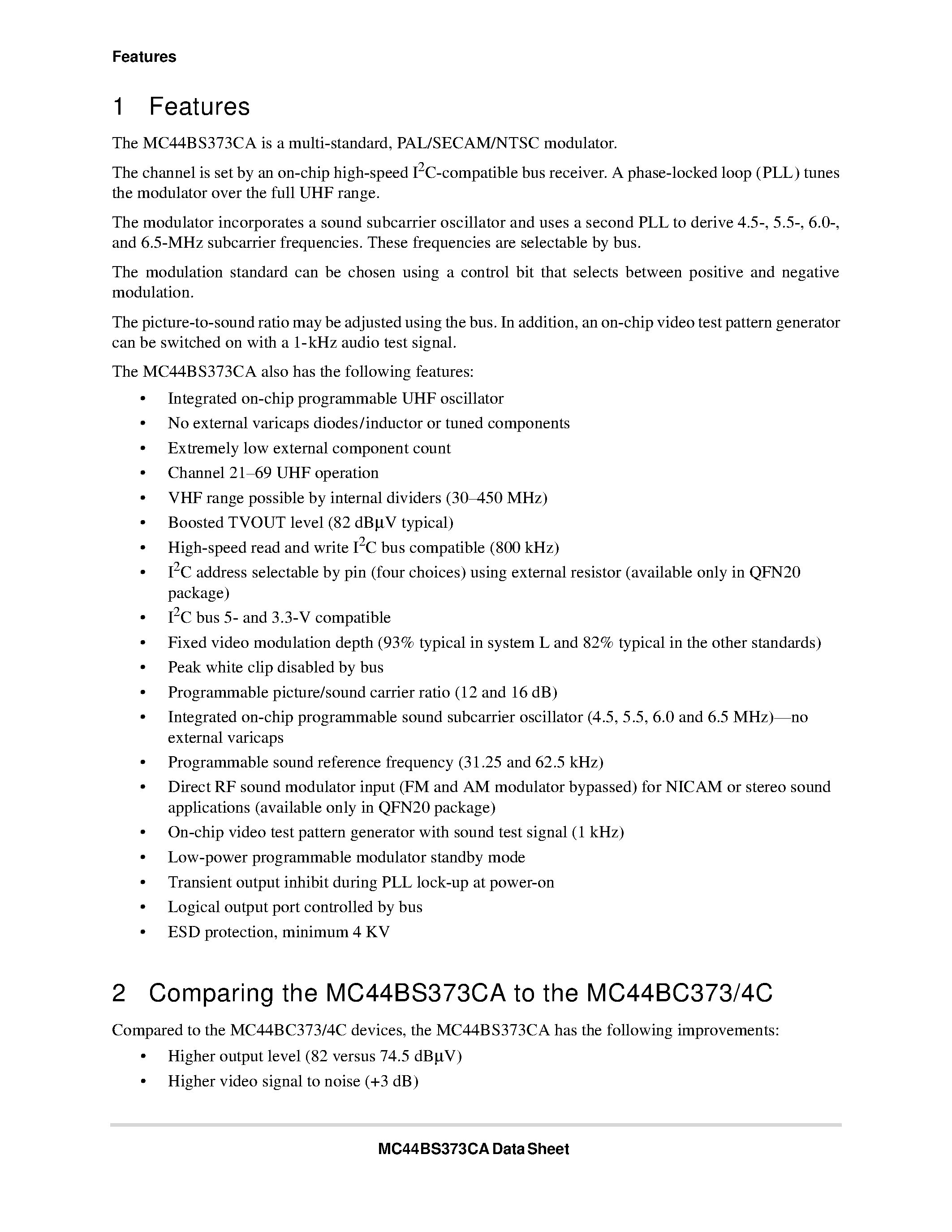 Datasheet MC44BS373CA - PLL-Tuned UHF and VHF Audio/Video High-Integration Modulator page 2