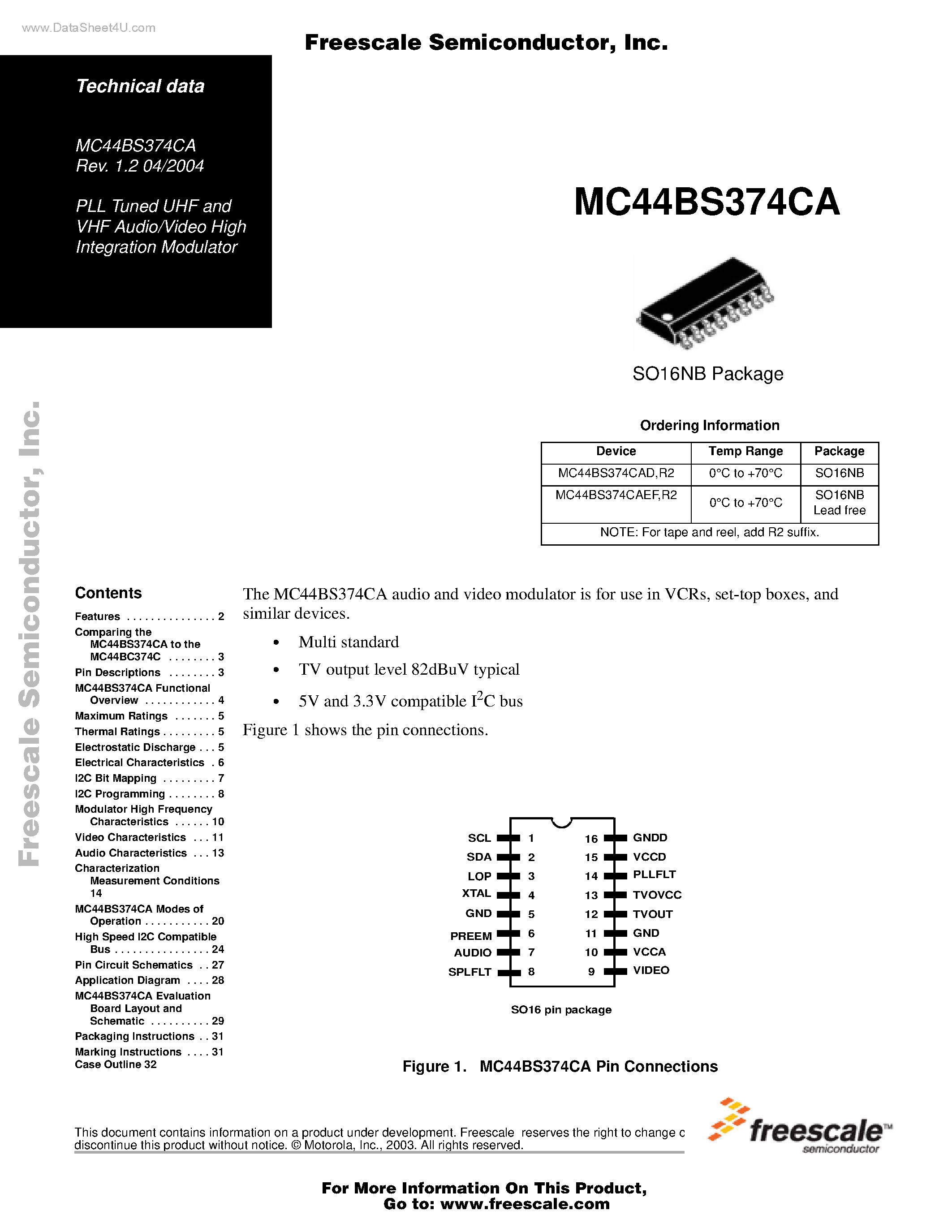 Datasheet MC44BS374CA - PLL Tuned UHF and VHF Audio/Video High Integration Modulator page 1