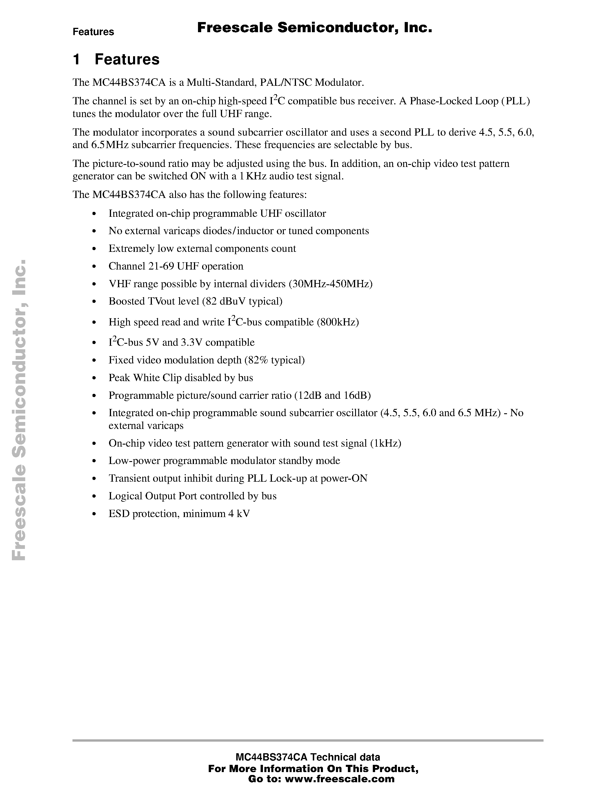 Datasheet MC44BS374CA - PLL Tuned UHF and VHF Audio/Video High Integration Modulator page 2