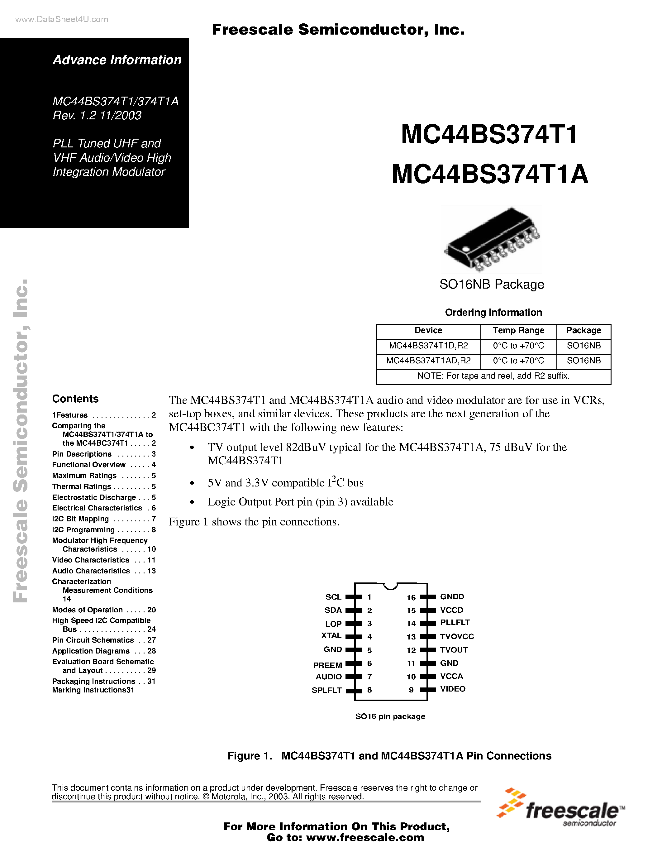 Datasheet MC44BS374T1 - PLL Tuned UHF and VHF Audio/Video High Integration Modulator page 1