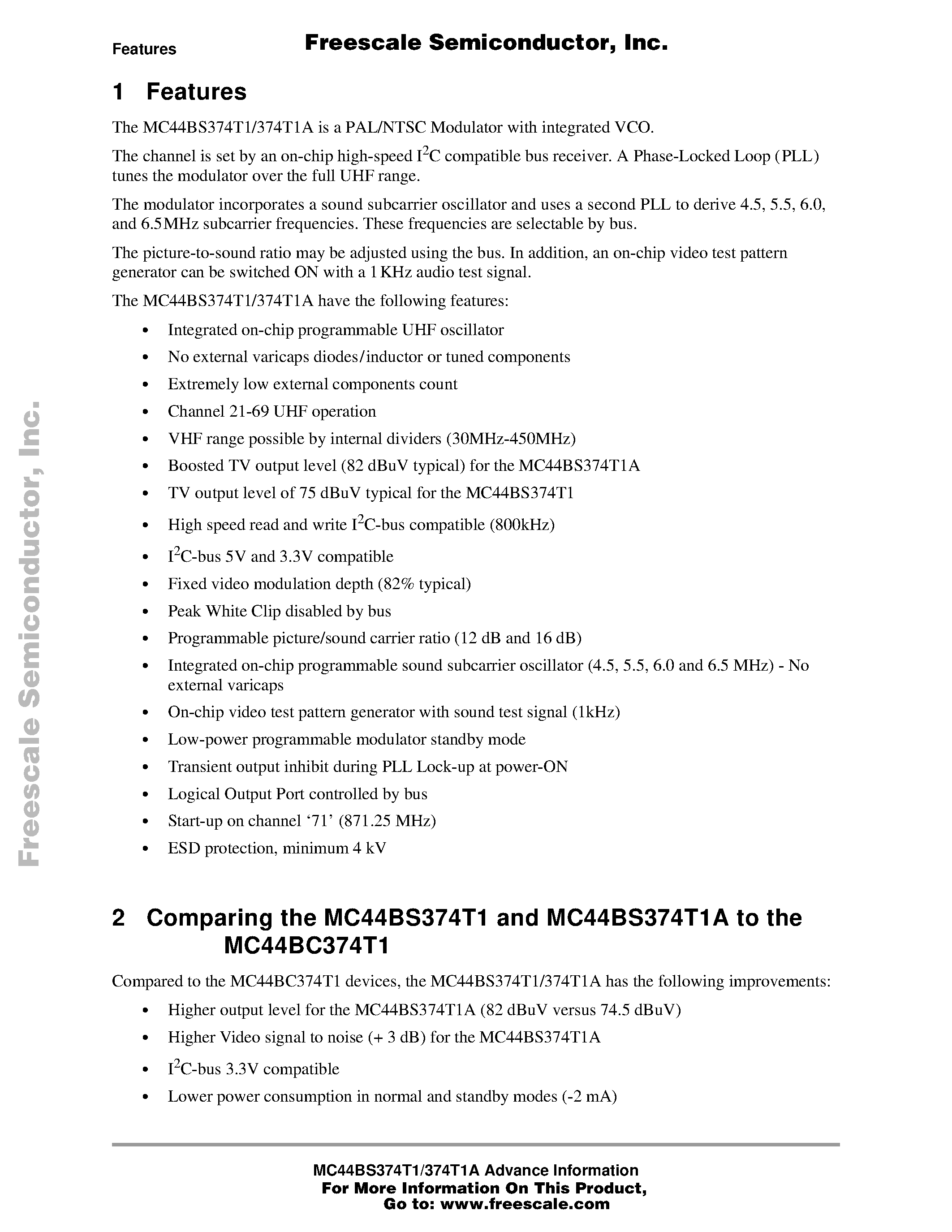 Datasheet MC44BS374T1 - PLL Tuned UHF and VHF Audio/Video High Integration Modulator page 2