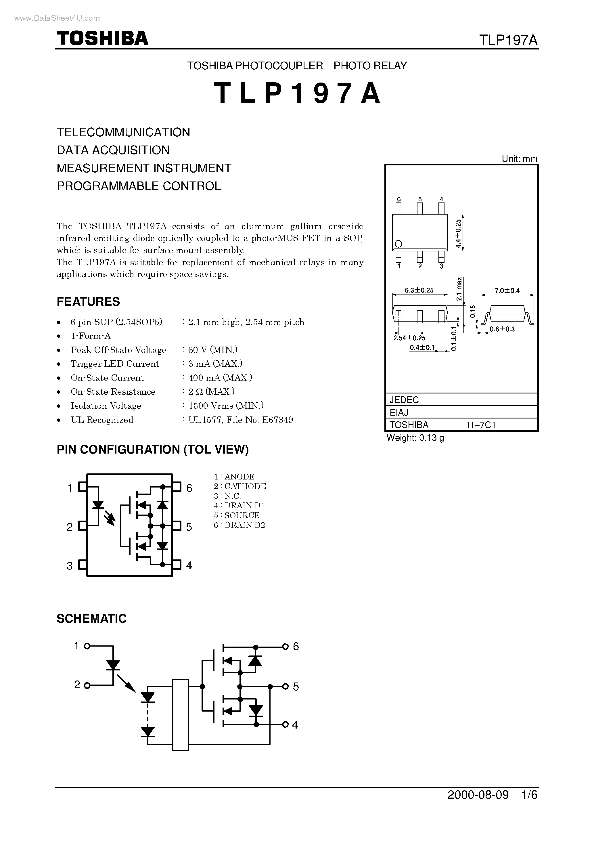 Даташит TLP197A - TOSHIBA PHOTOCOUPLER PHOTO RELAY страница 1