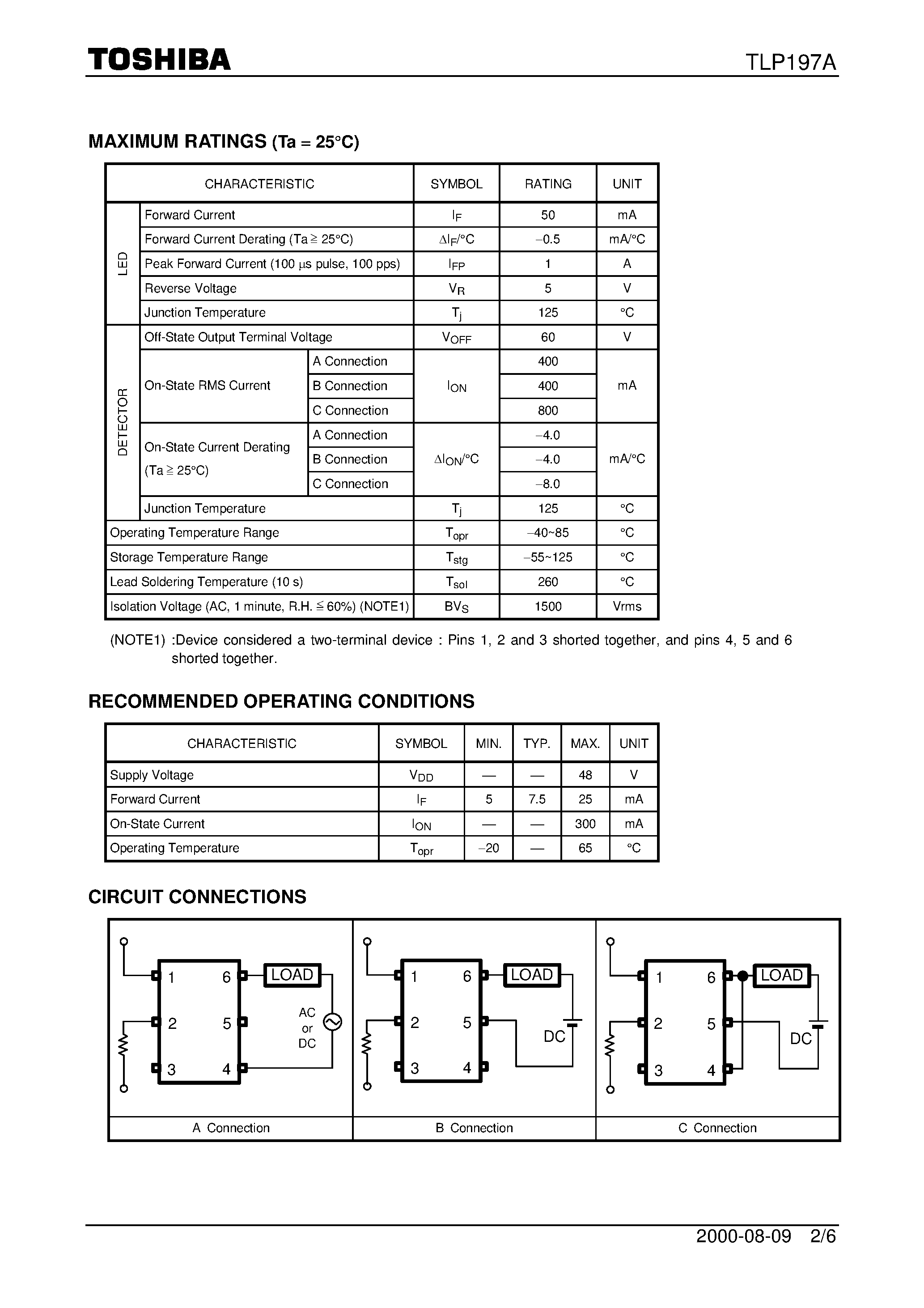 Даташит TLP197A - TOSHIBA PHOTOCOUPLER PHOTO RELAY страница 2