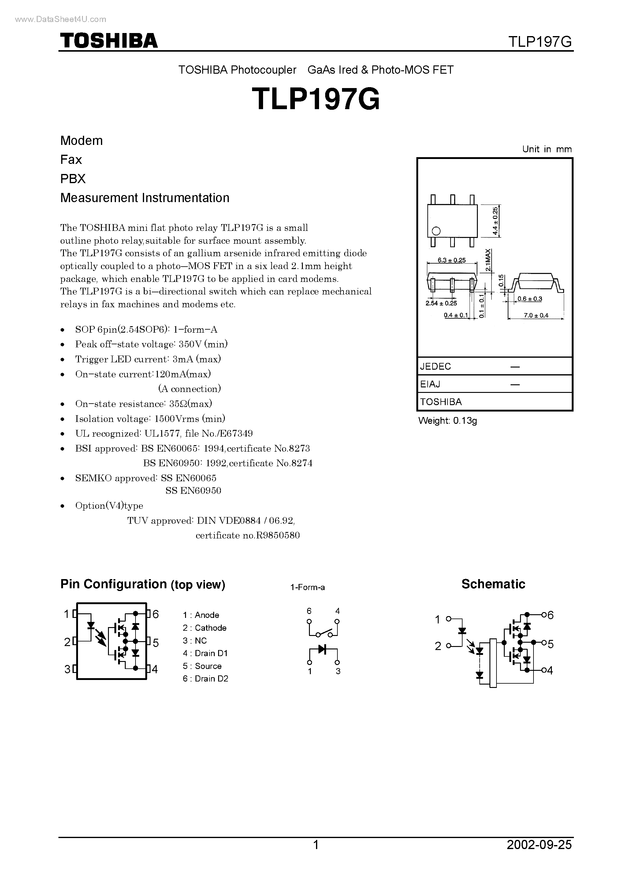 Даташит TLP197G - TOSHIBA Photocoupler GaAs Ired & Photo-MOS FET страница 1