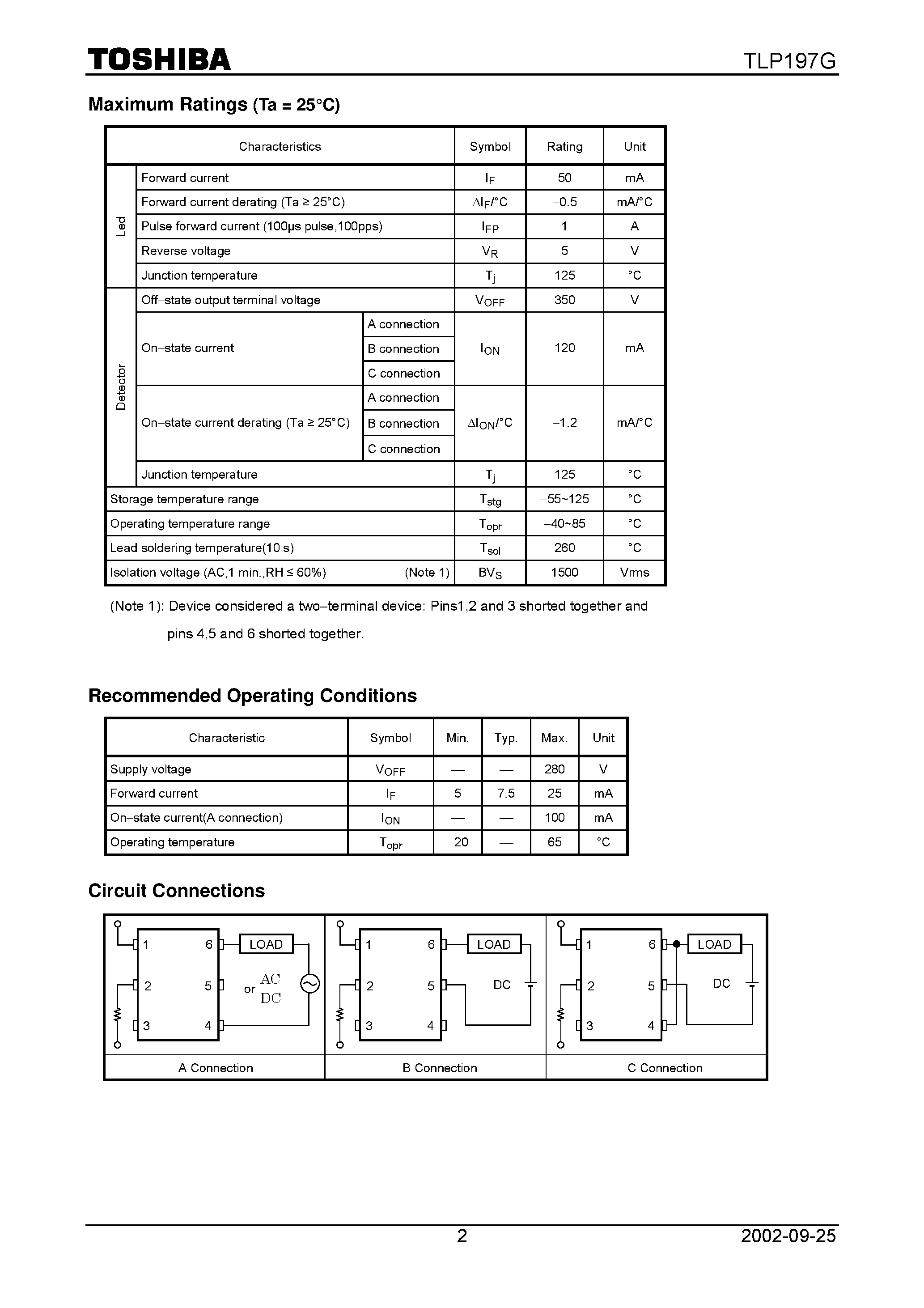 Даташит TLP197G - TOSHIBA Photocoupler GaAs Ired & Photo-MOS FET страница 2