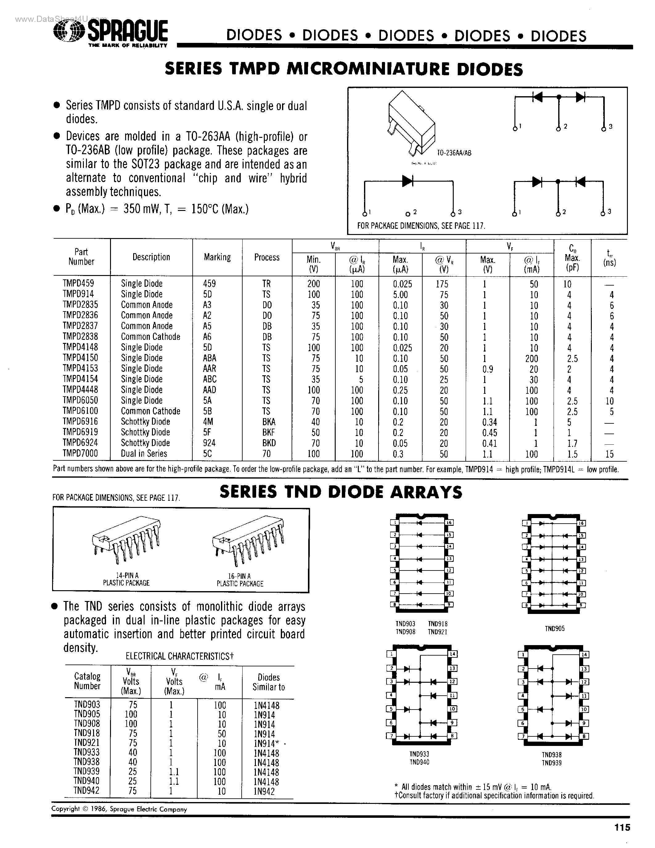 Datasheet TMPD2835 - SERIES TMPD MICROMINIATURE DIODES page 1