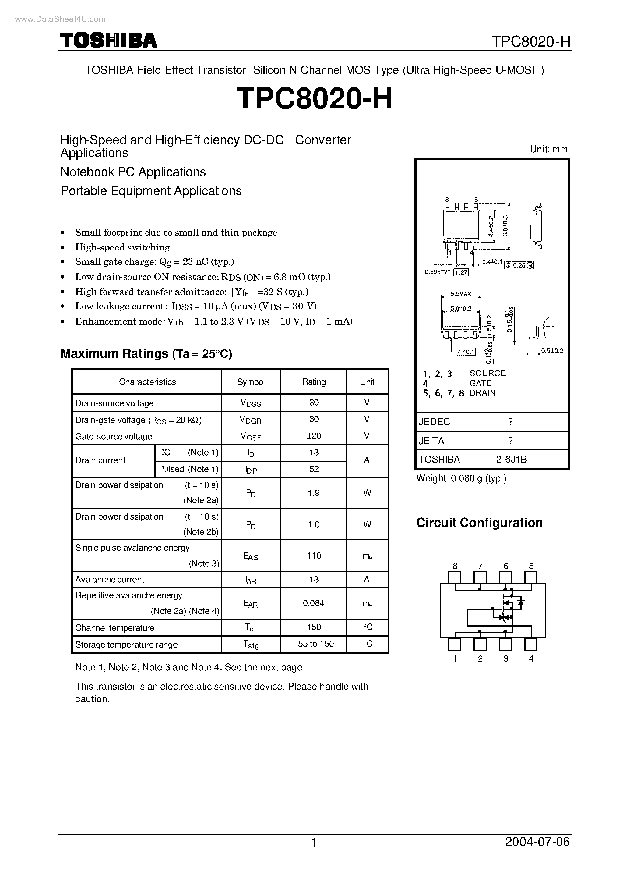 Даташит TPC8020-H - Field Effect Transistor Silicon N Channel MOS Type страница 1