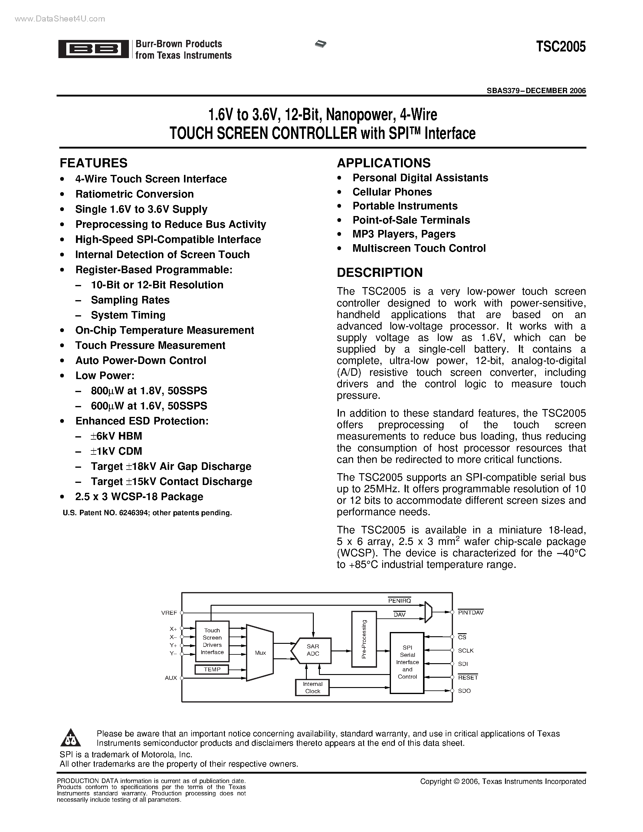 Datasheet TSC2005 - 4-Wire TOUCH SCREEN CONTROLLER page 1