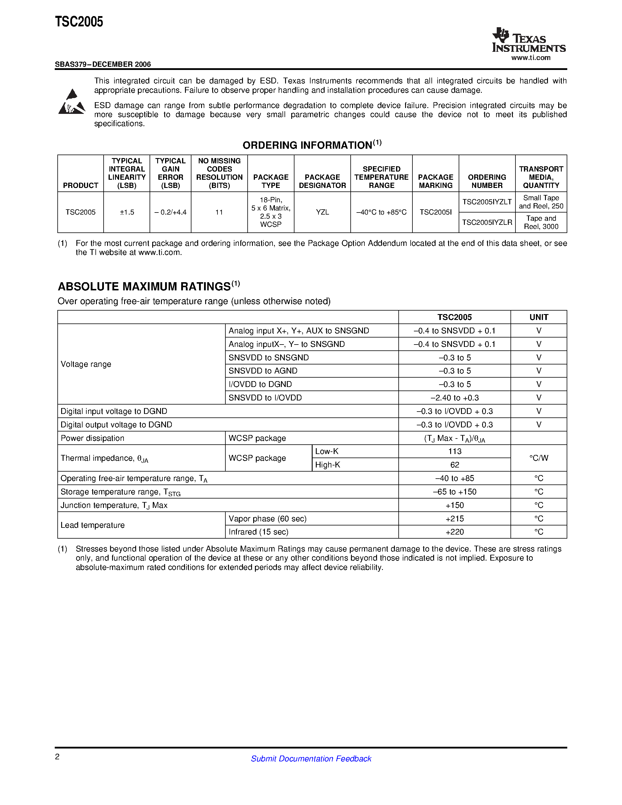 Datasheet TSC2005 - 4-Wire TOUCH SCREEN CONTROLLER page 2