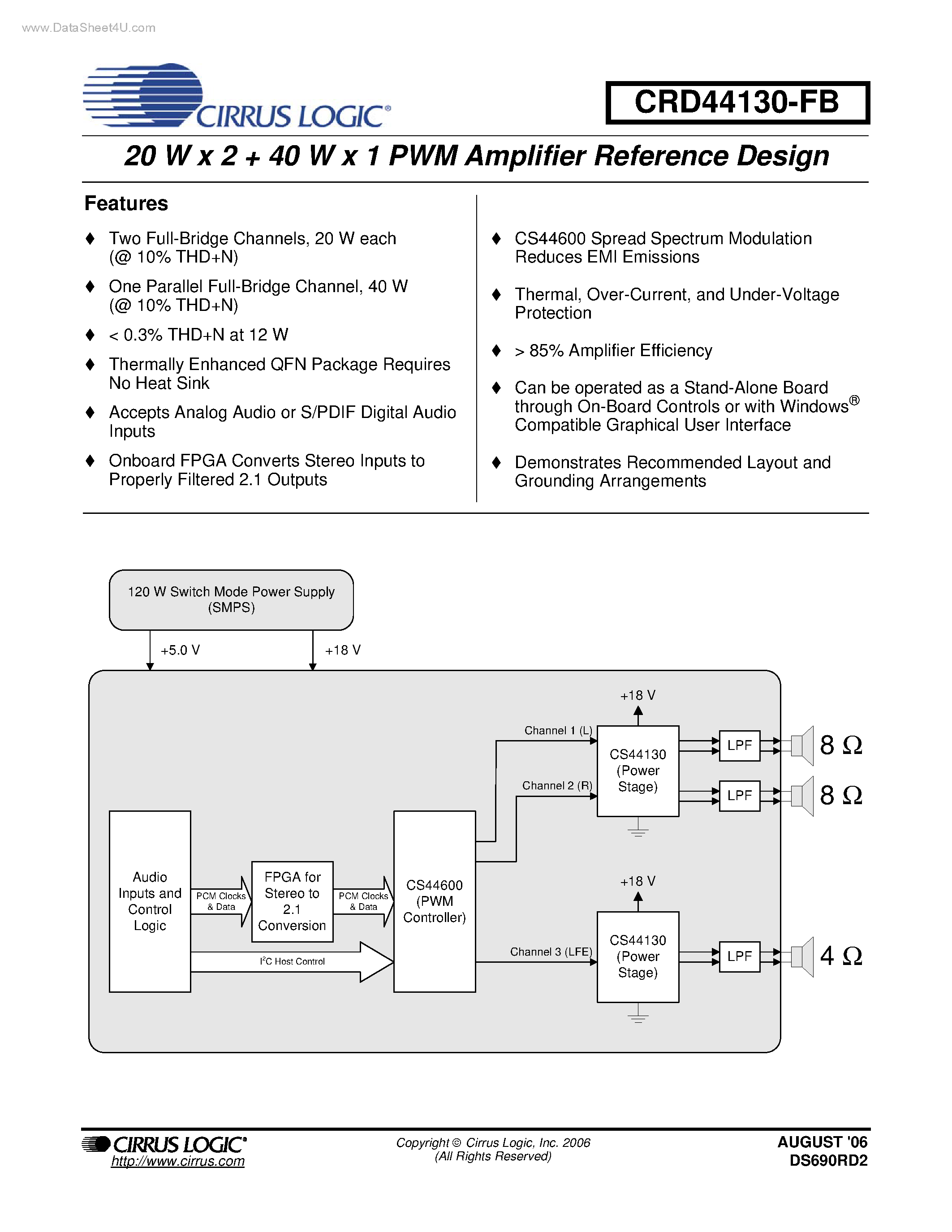 Даташит CRD44130-FB - 20 W x 2 + 40 W x 1 PWM Amplifier Reference Design страница 1