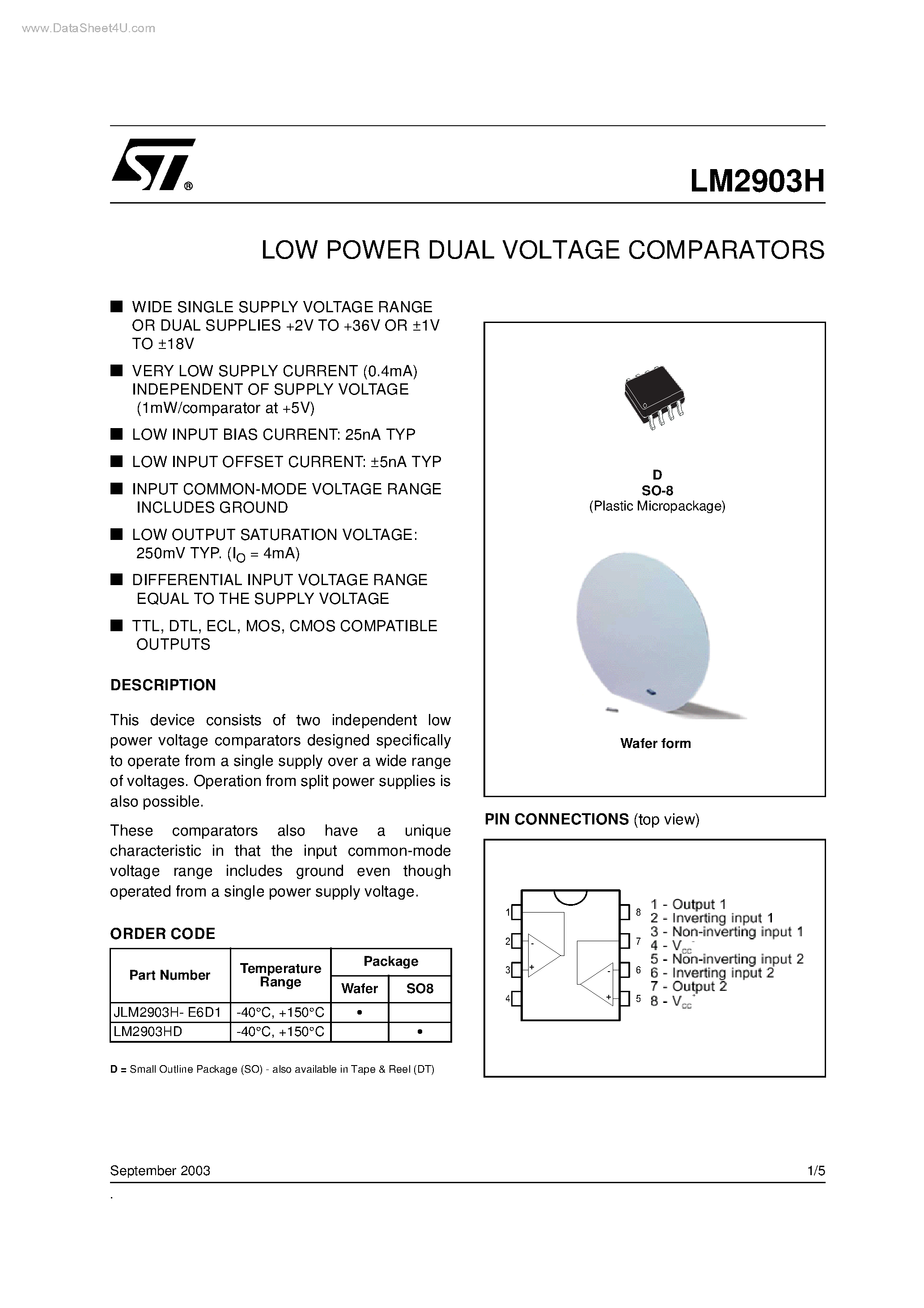 Datasheet LM2903H - LOW POWER DUAL VOLTAGE COMPARATORS page 1