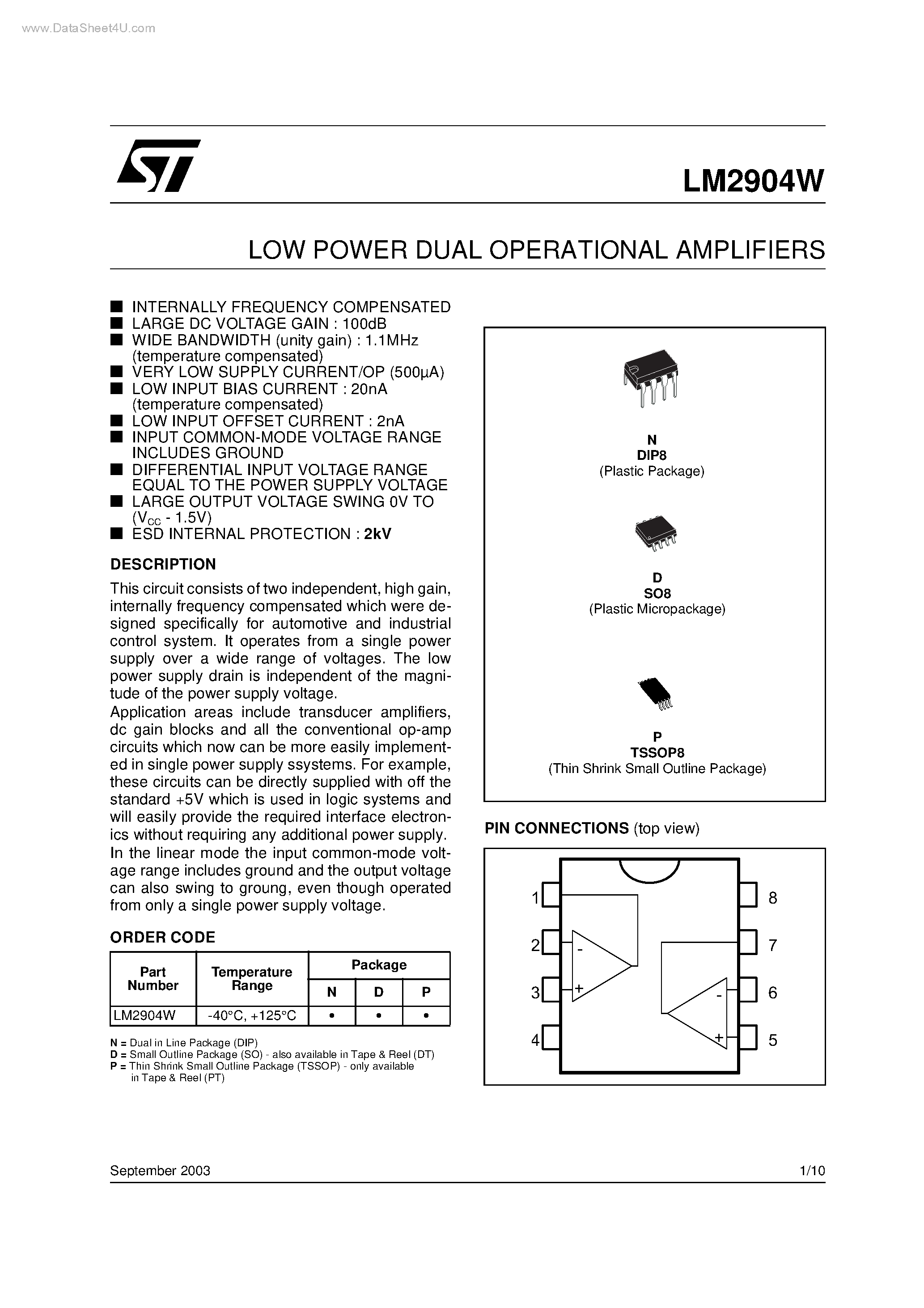 Datasheet LM2904W - LOW POWER DUAL OPERATIONAL AMPLIFIERS page 1