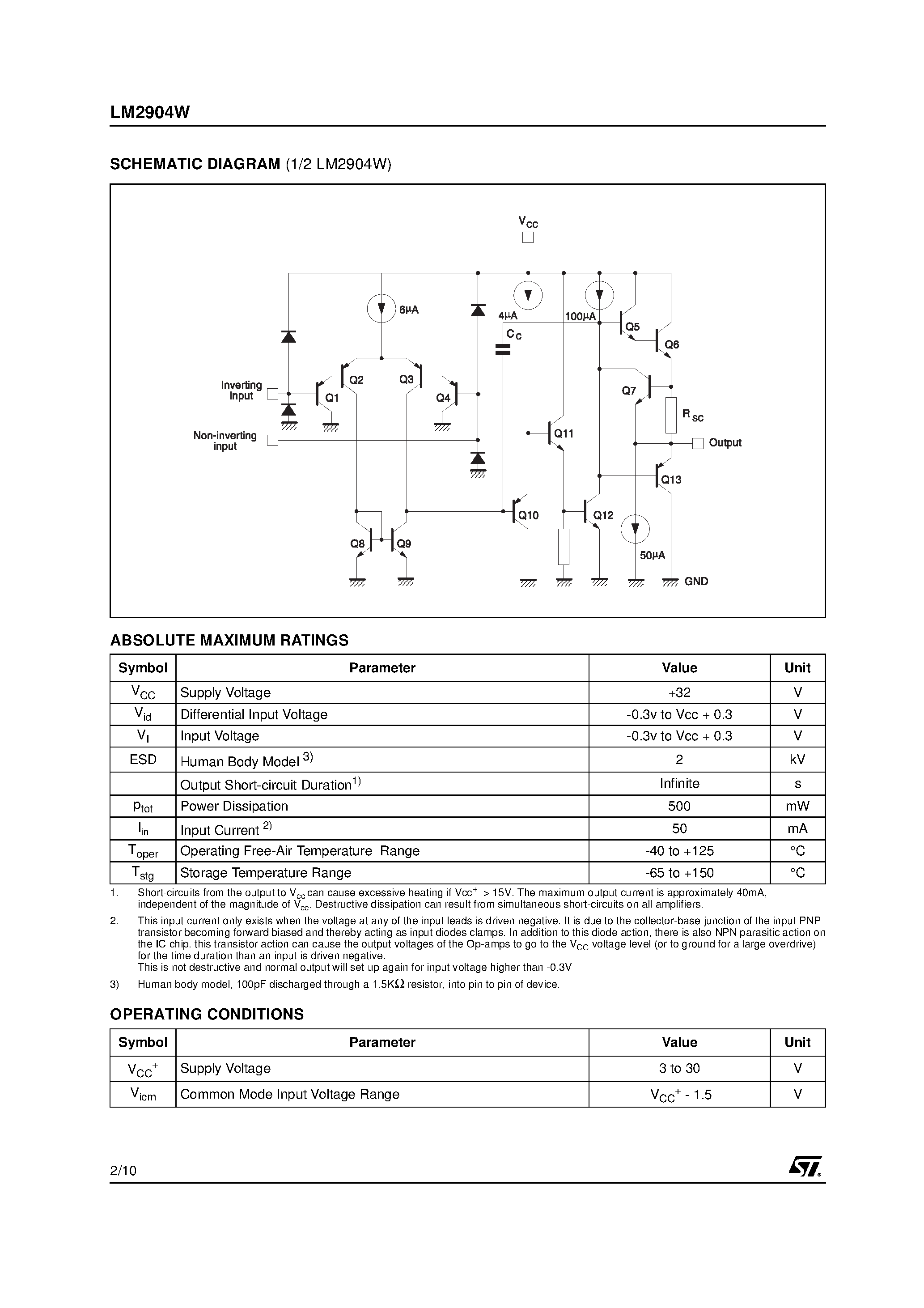 Datasheet LM2904W - LOW POWER DUAL OPERATIONAL AMPLIFIERS page 2