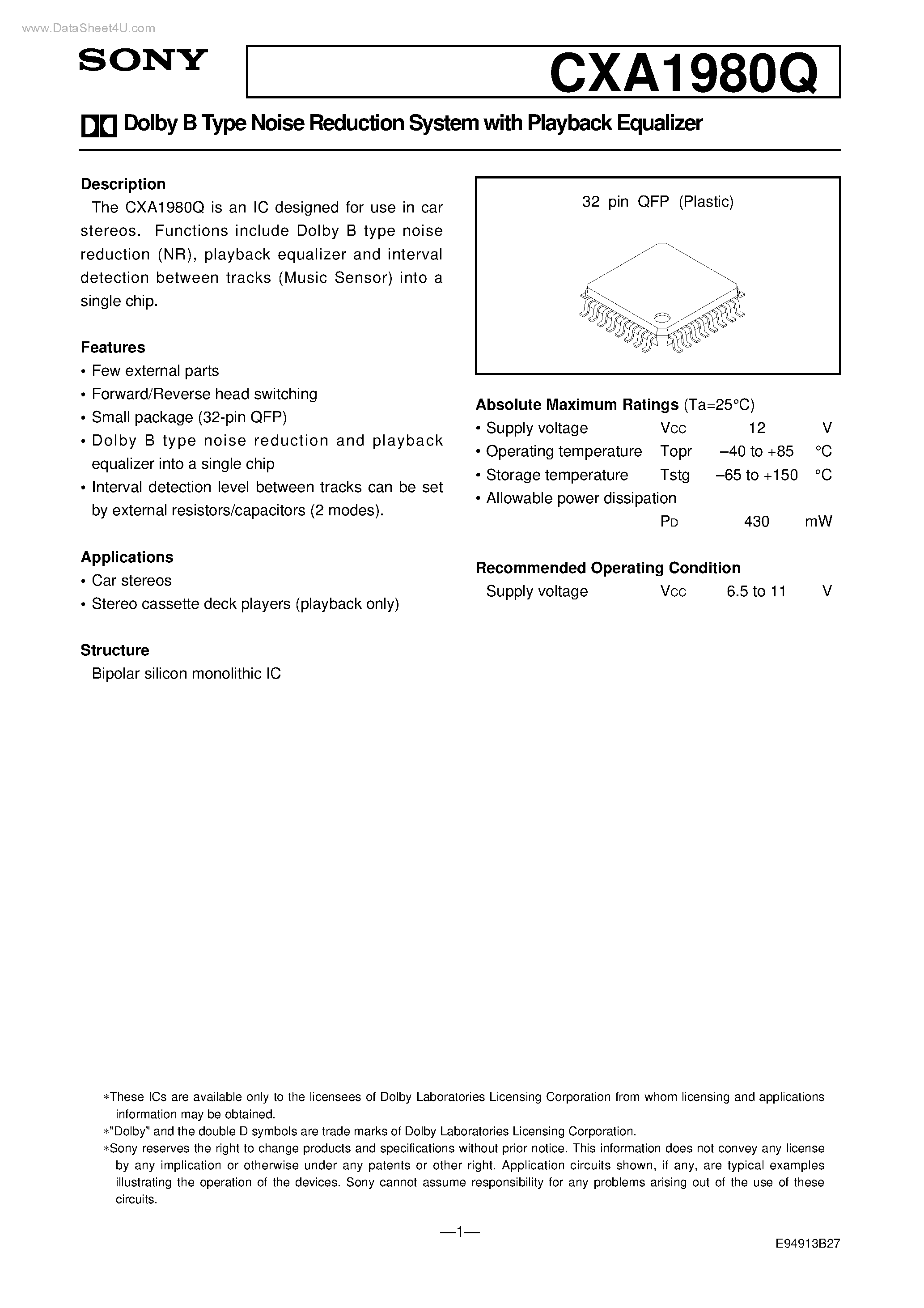 Datasheet CXA1980Q - Dolby B Type Noise Reduction System page 1