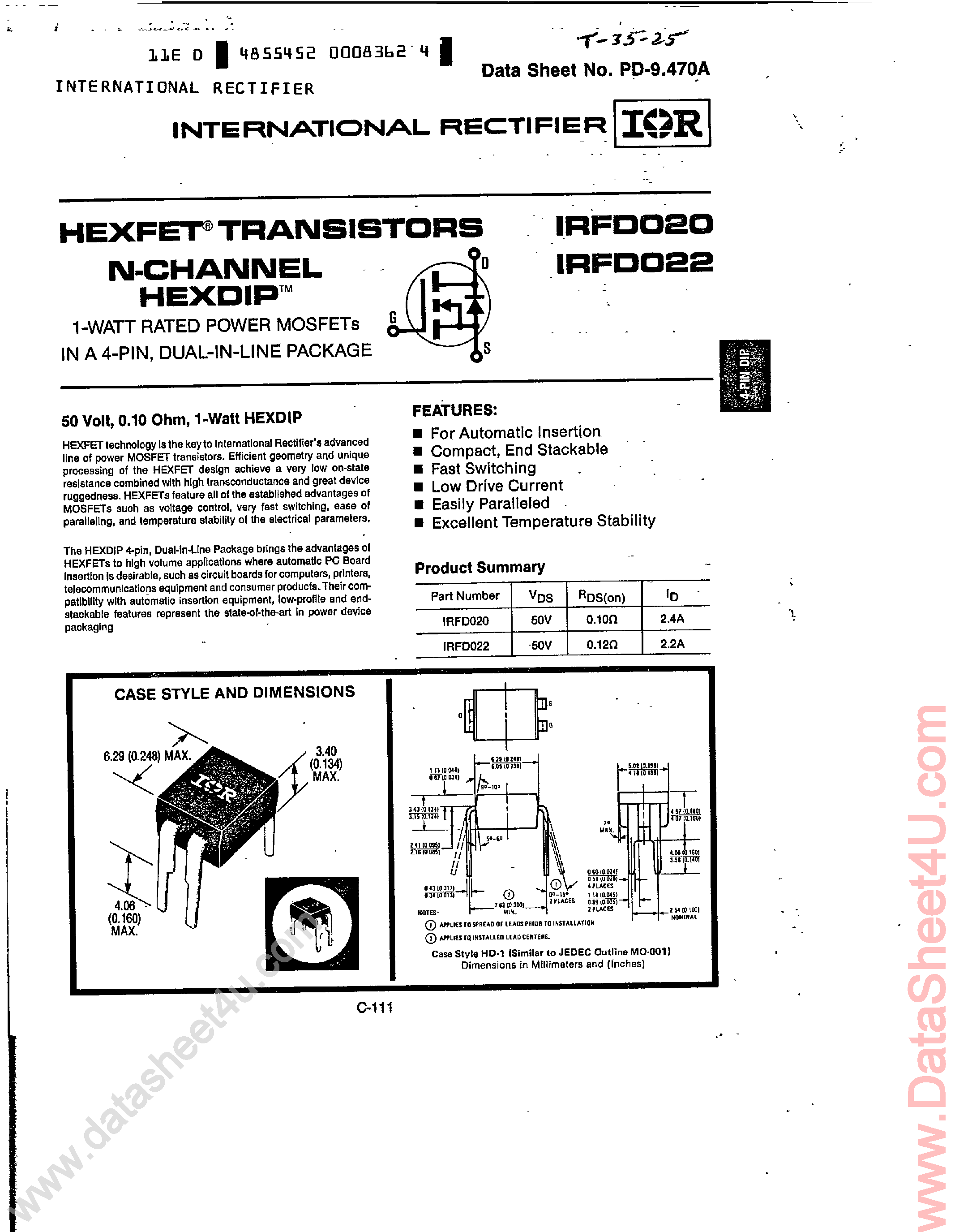 Даташит IRFD020 - (IRFD020 / IRFD022) HEXFET TRANSISTORS N-CHANNEL HEXDIP страница 1