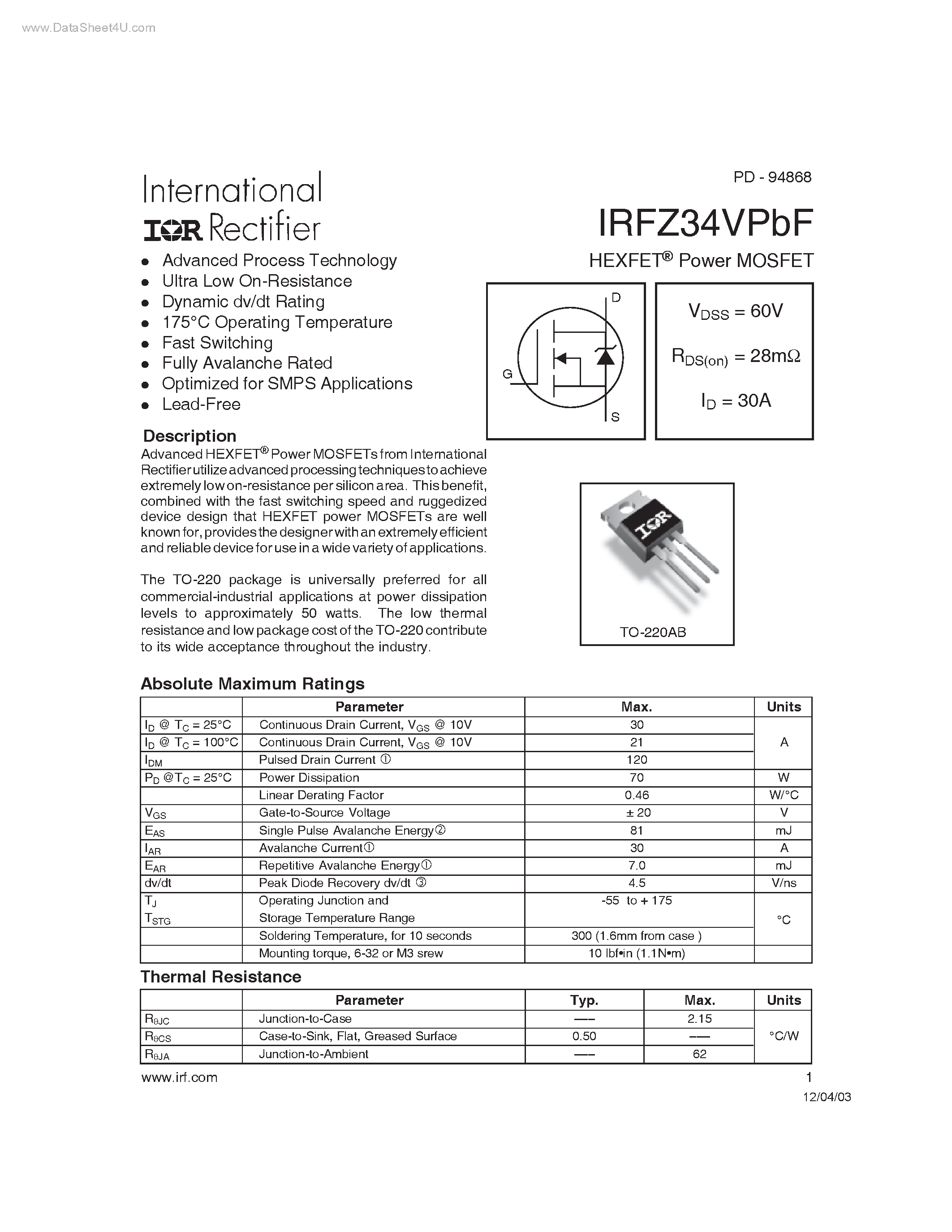 Даташит IRFZ34VPBF - HEXFET Power MOSFET страница 1