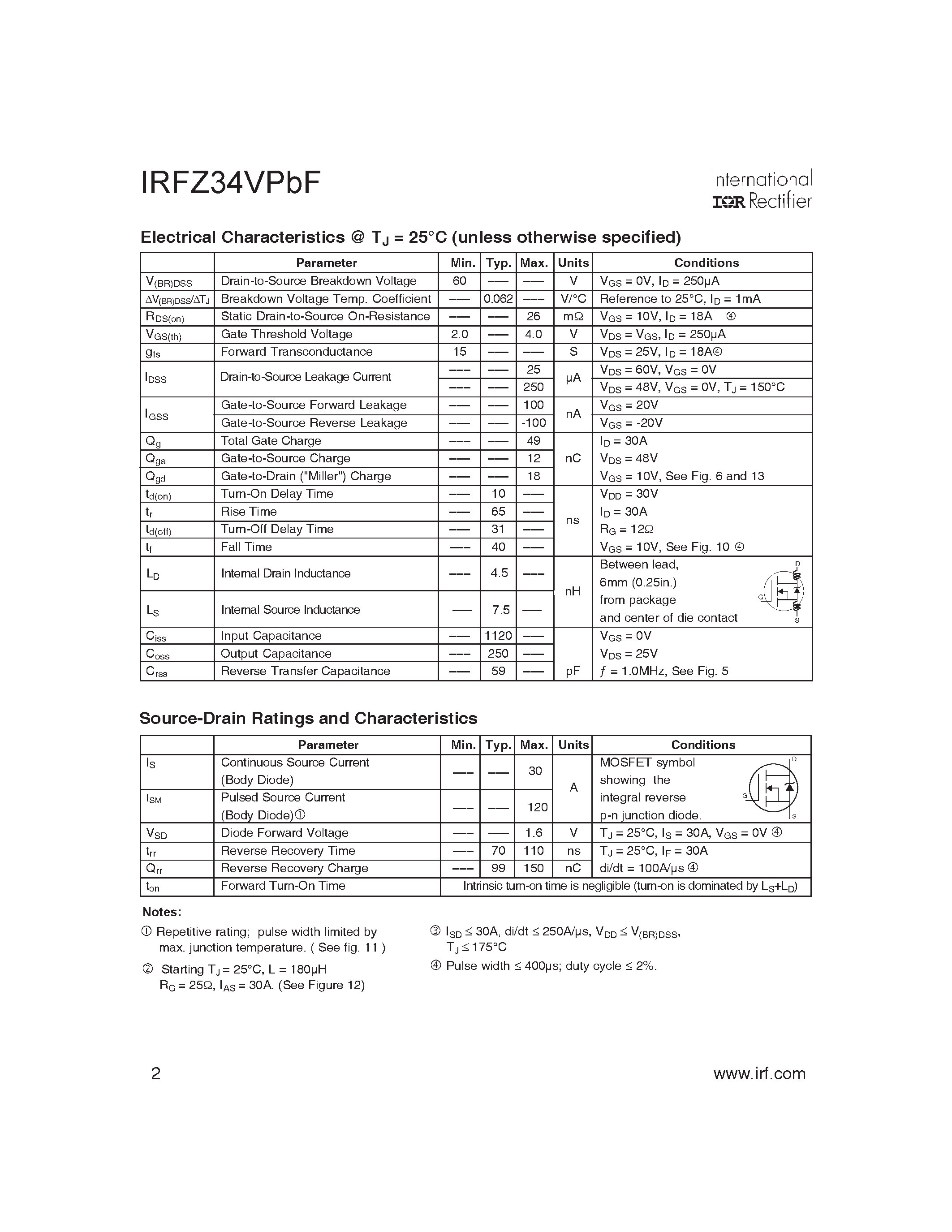 Даташит IRFZ34VPBF - HEXFET Power MOSFET страница 2