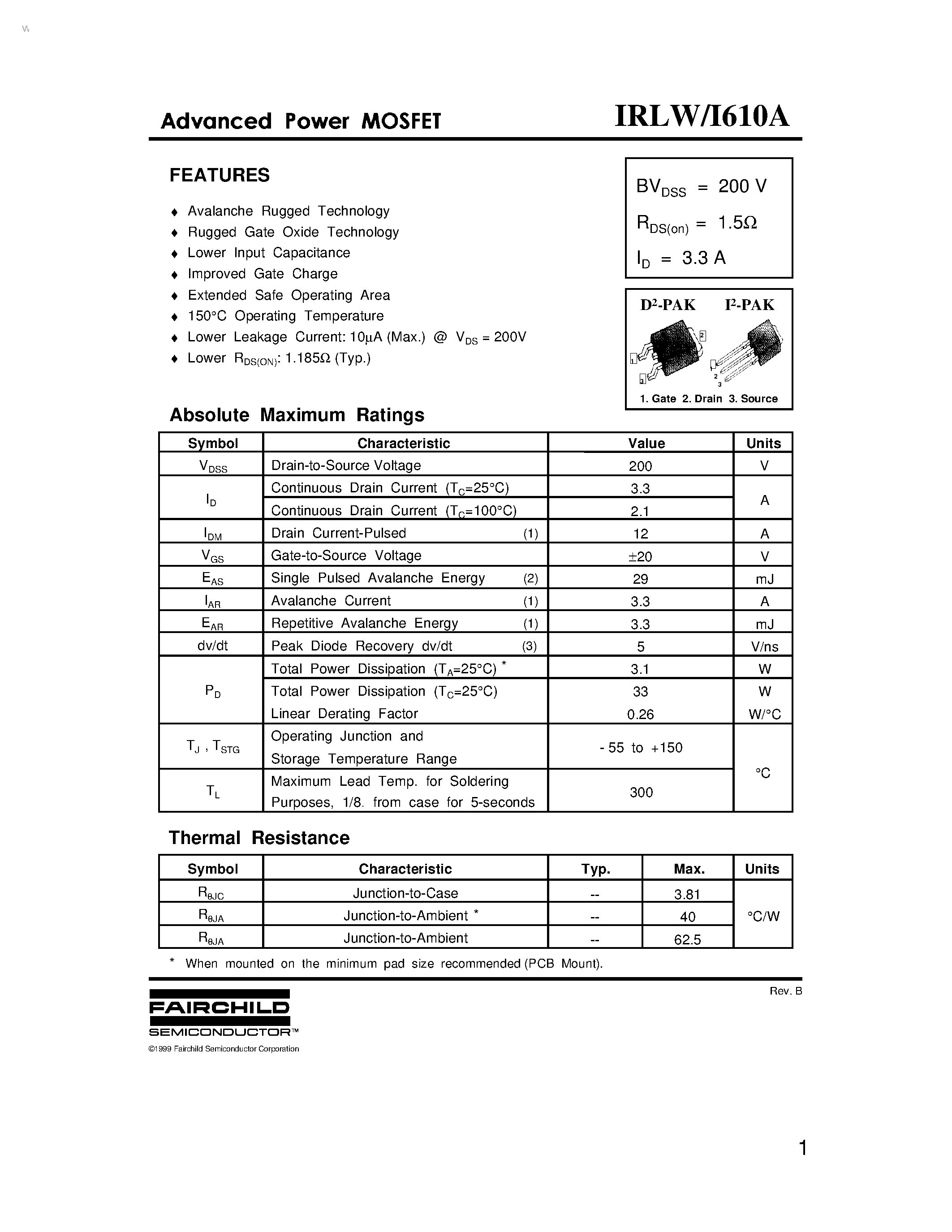 Datasheet IRLI610A - Advanced Power MOSFET page 1