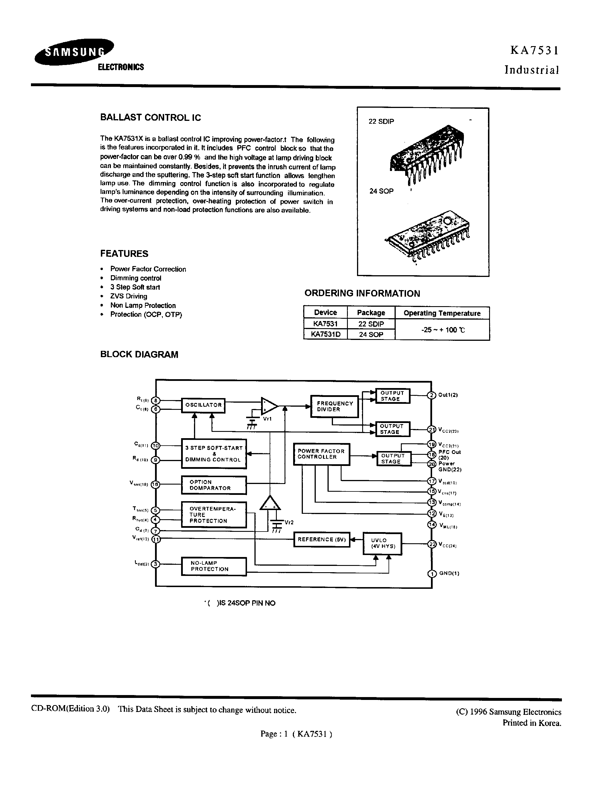 Datasheet KA7531 - BALLAST CONTROL IC page 1