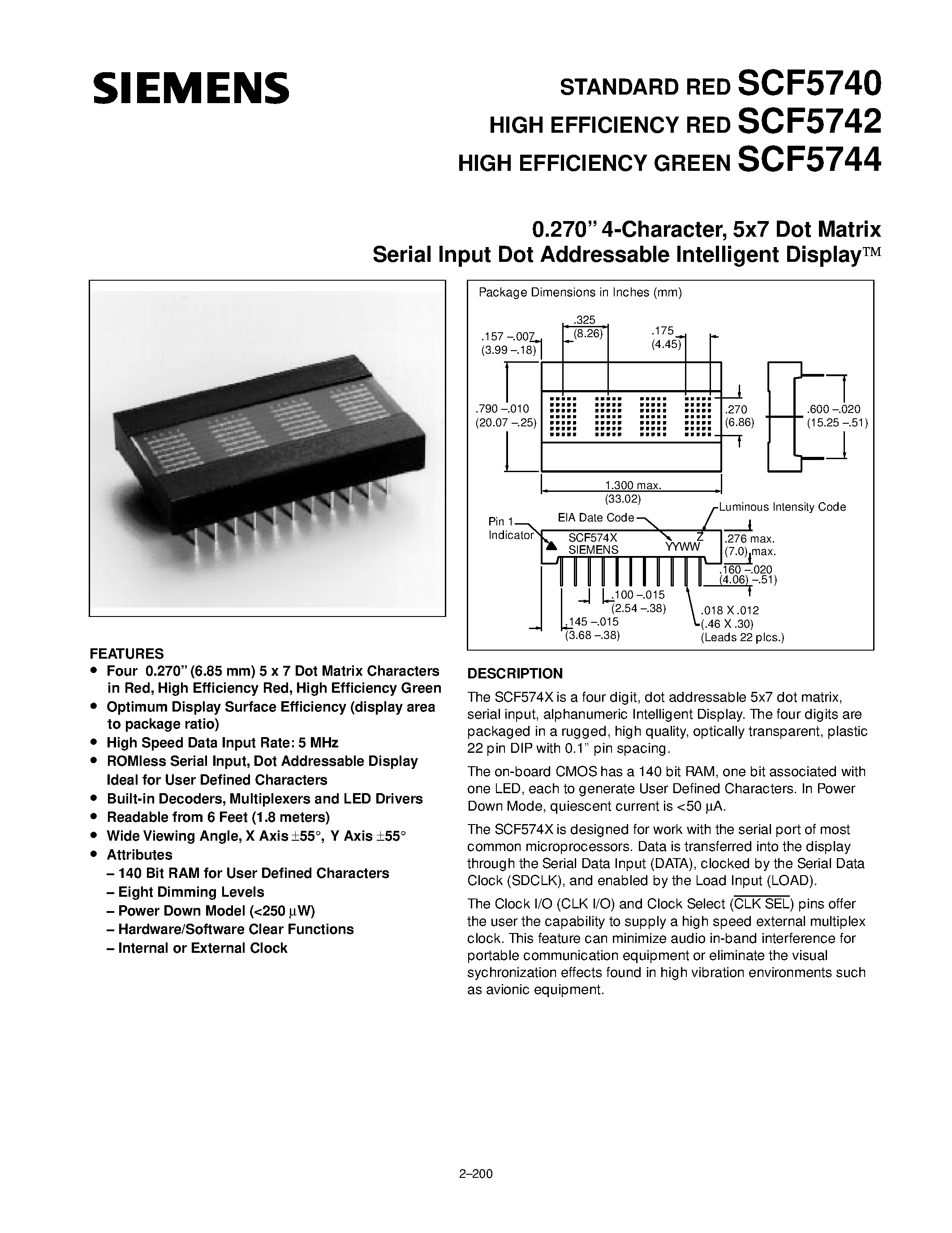 Даташит SCF5740 - (SCF5740 - SCF5744) Dot Addressable Intelligent Display страница 1