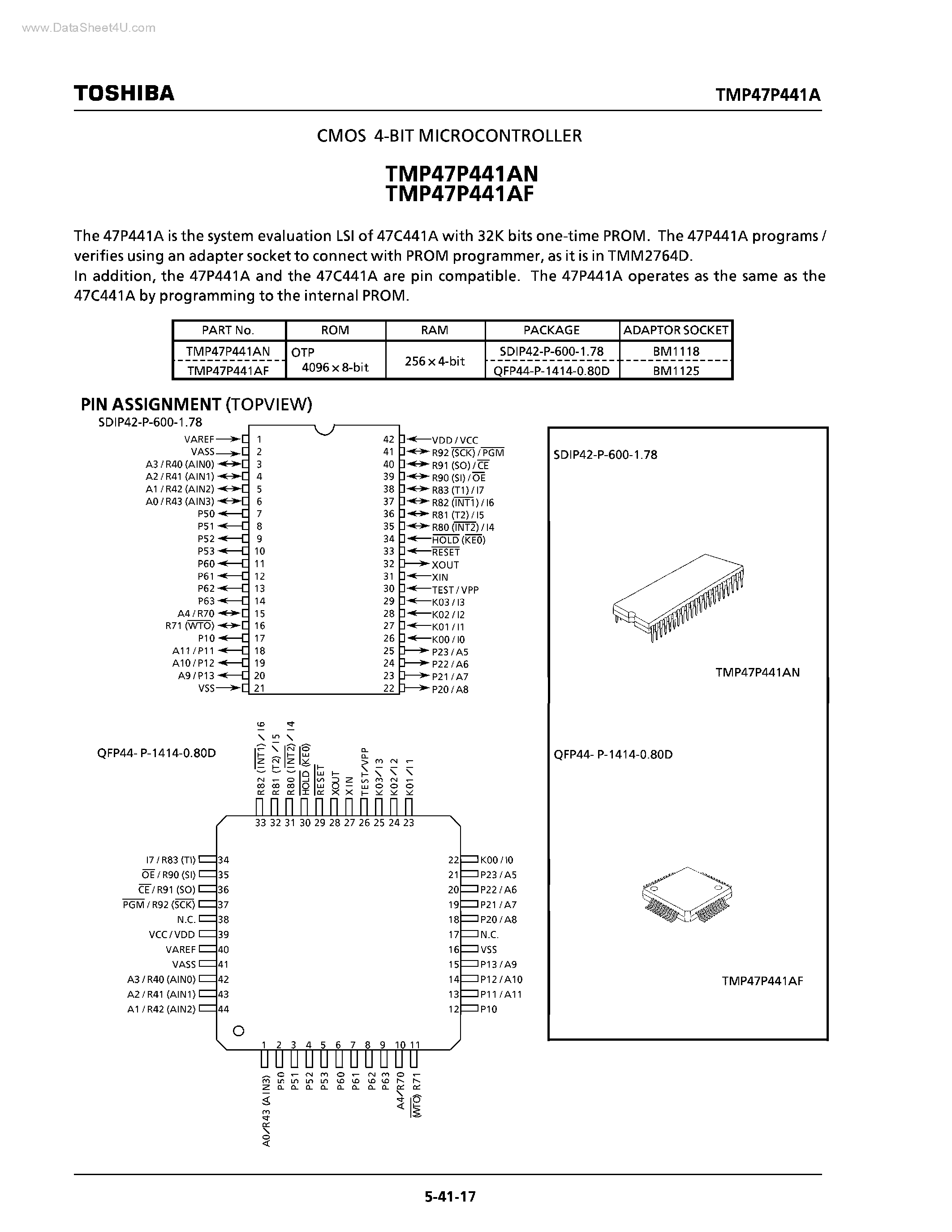 Datasheet TMP47P441AF - CMOS 4-BIT MICROCONTROLLER page 1