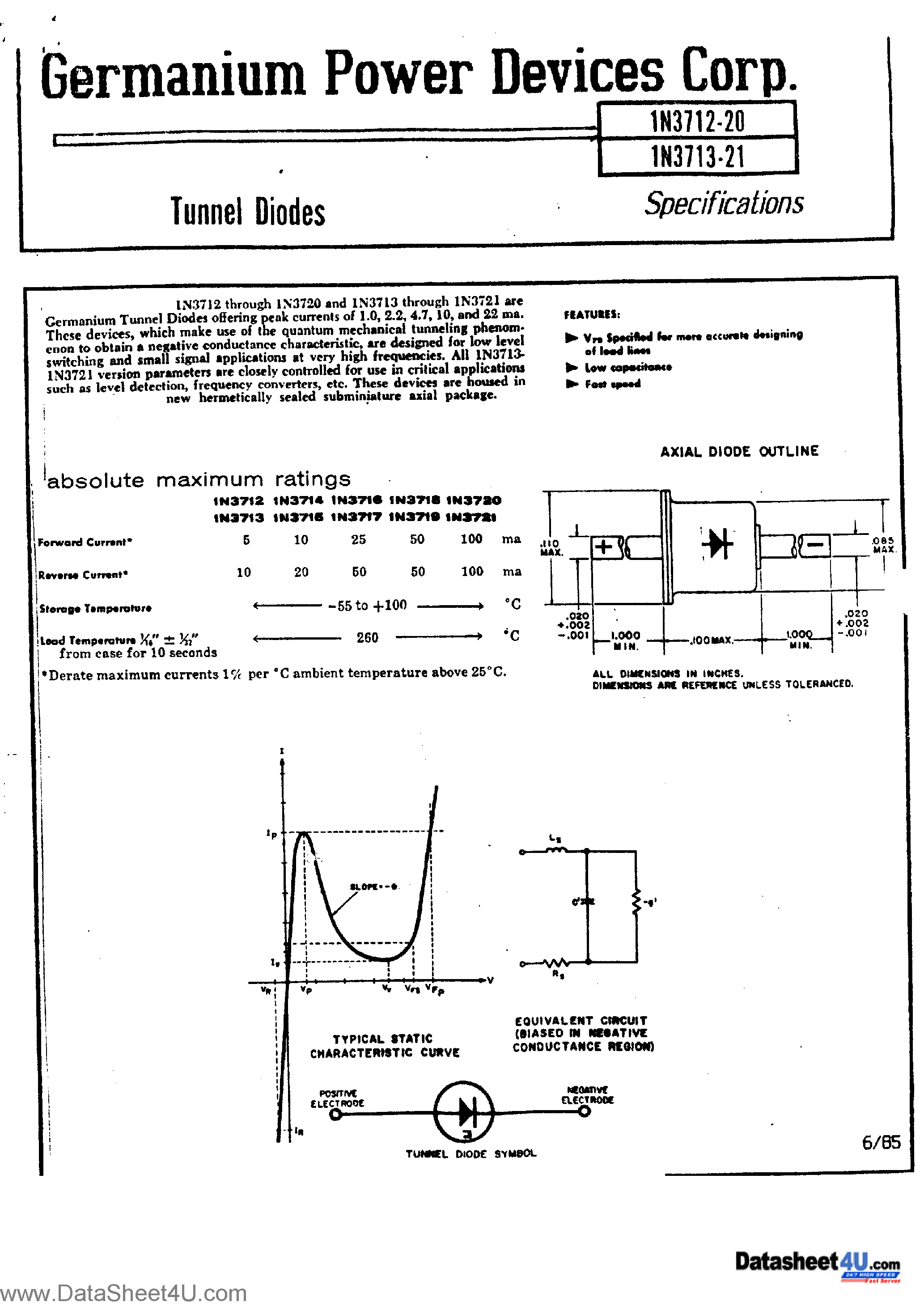 Datasheet 1N3712-20 - (1N3712-20 / 1N3712-21) Tunnel Diodes page 1