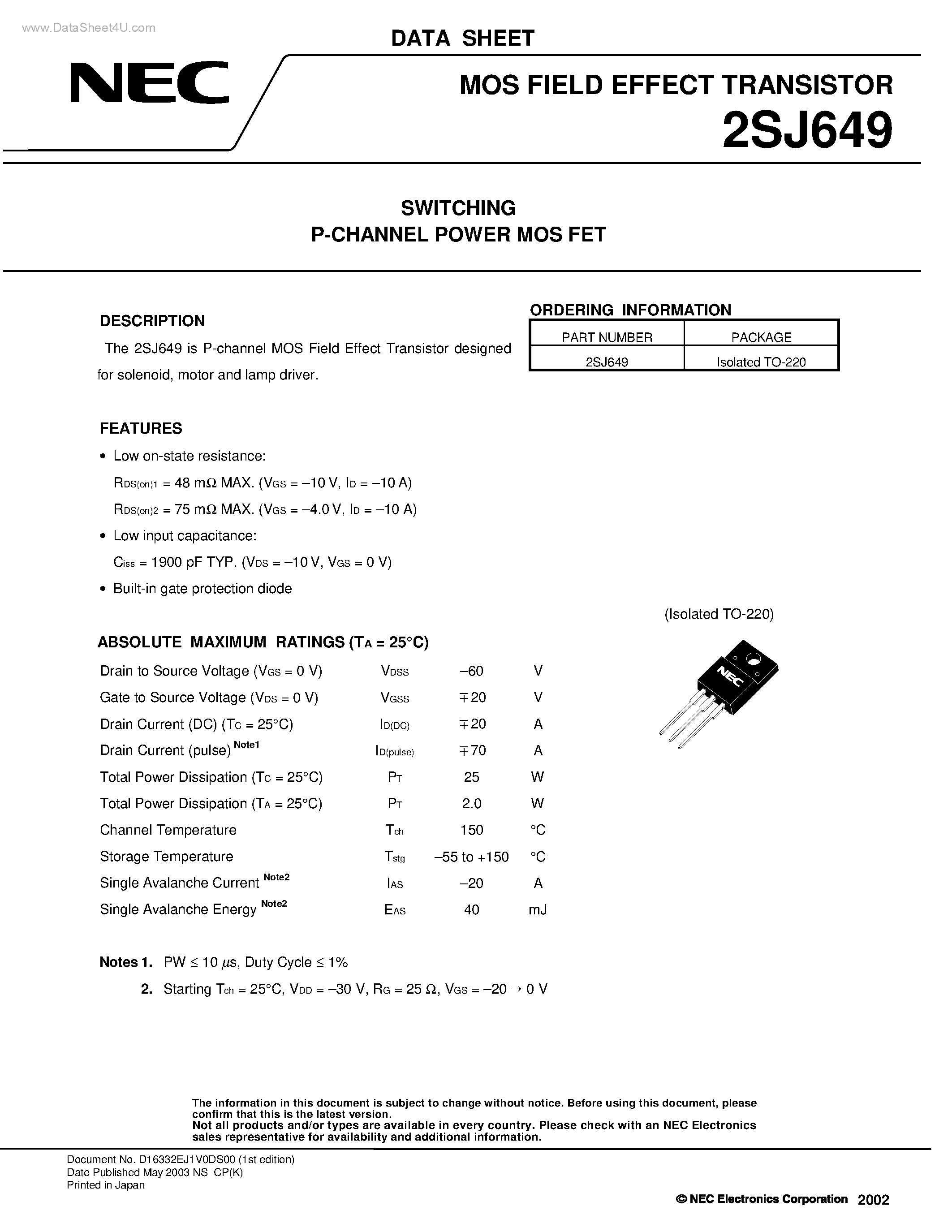 Datasheet 2SJ649 - MOS FIELD EFFECT TRANSISTOR page 1