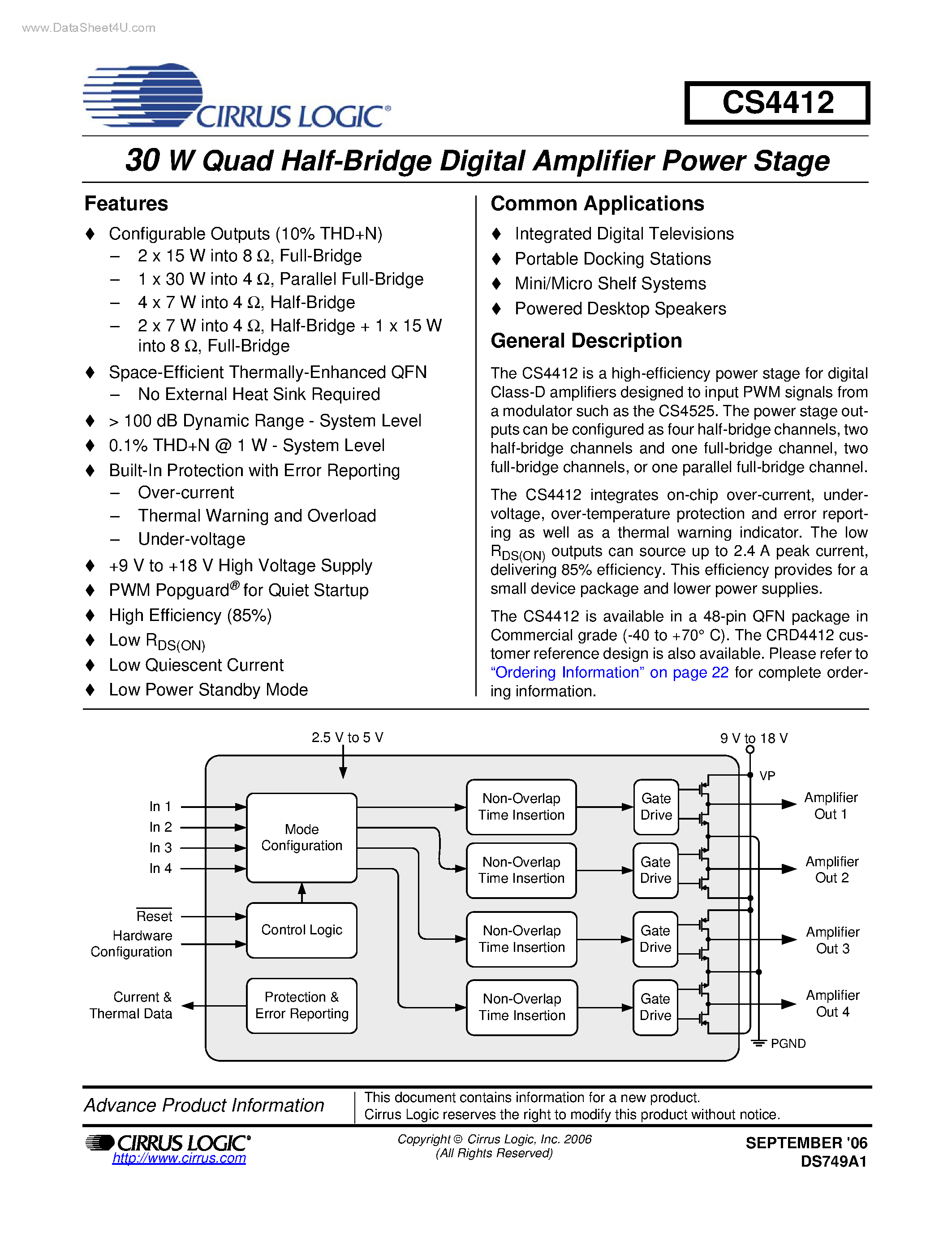 Даташит CS4412 - 30 W Quad Half-Bridge Digital Amplifier Power Stage страница 1