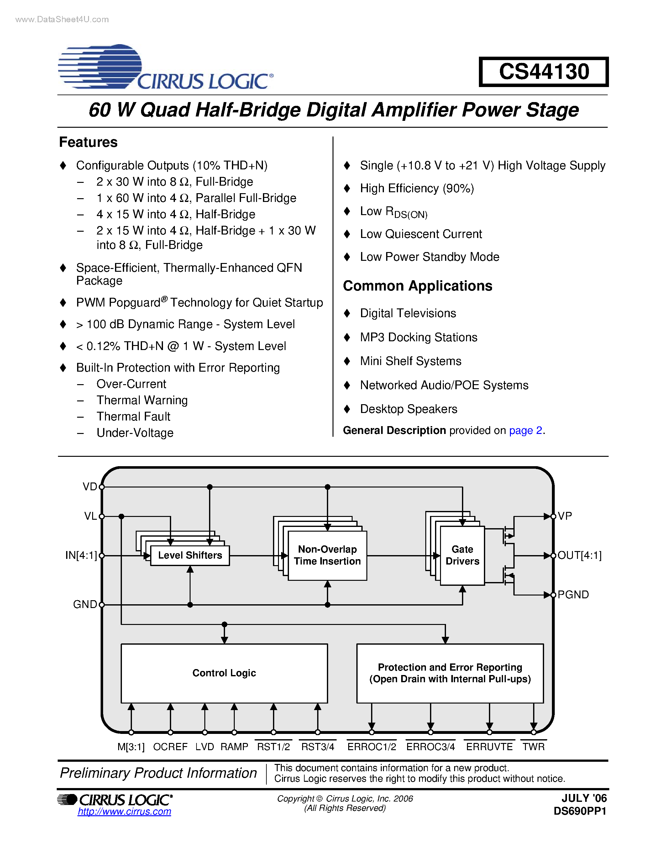 Даташит CS44130 - 60 W Quad Half-Bridge Digital Amplifier Power Stage страница 1