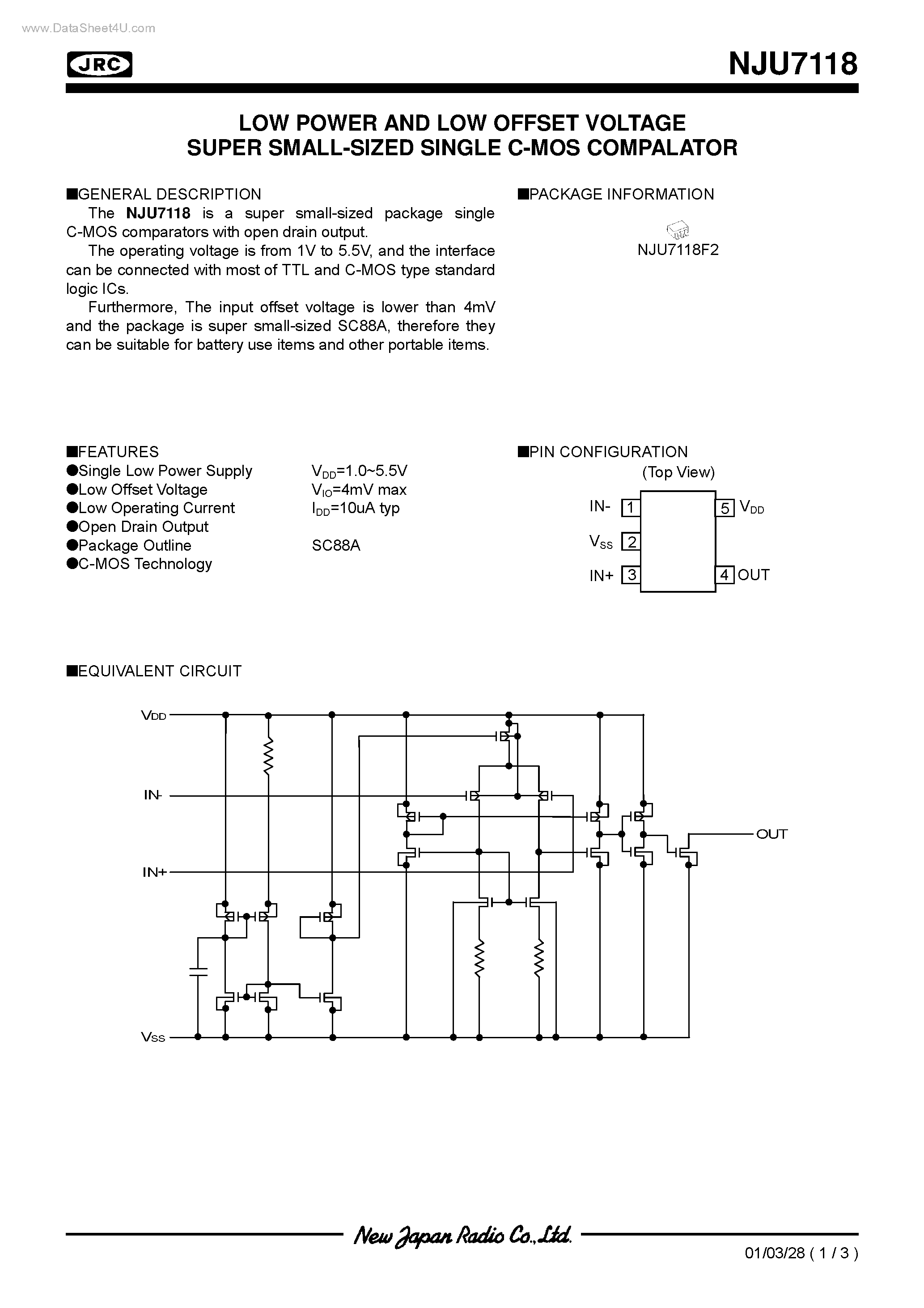 Datasheet NJU7118 - LOW POWER AND LOW OFFSET VOLTAGE SUPER SMALL-SIZED SINGLE C-MOS COMPALATOR page 1