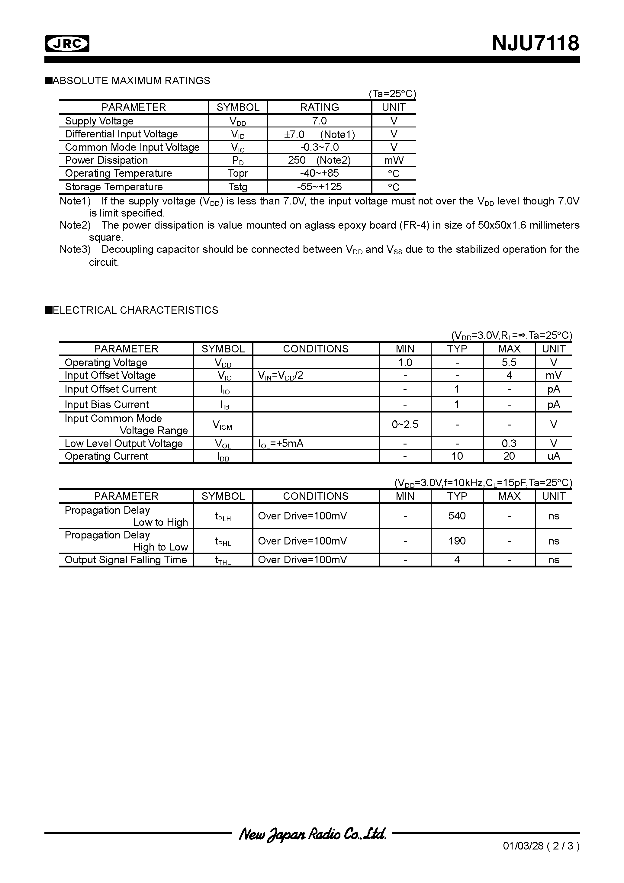 Datasheet NJU7118 - LOW POWER AND LOW OFFSET VOLTAGE SUPER SMALL-SIZED SINGLE C-MOS COMPALATOR page 2