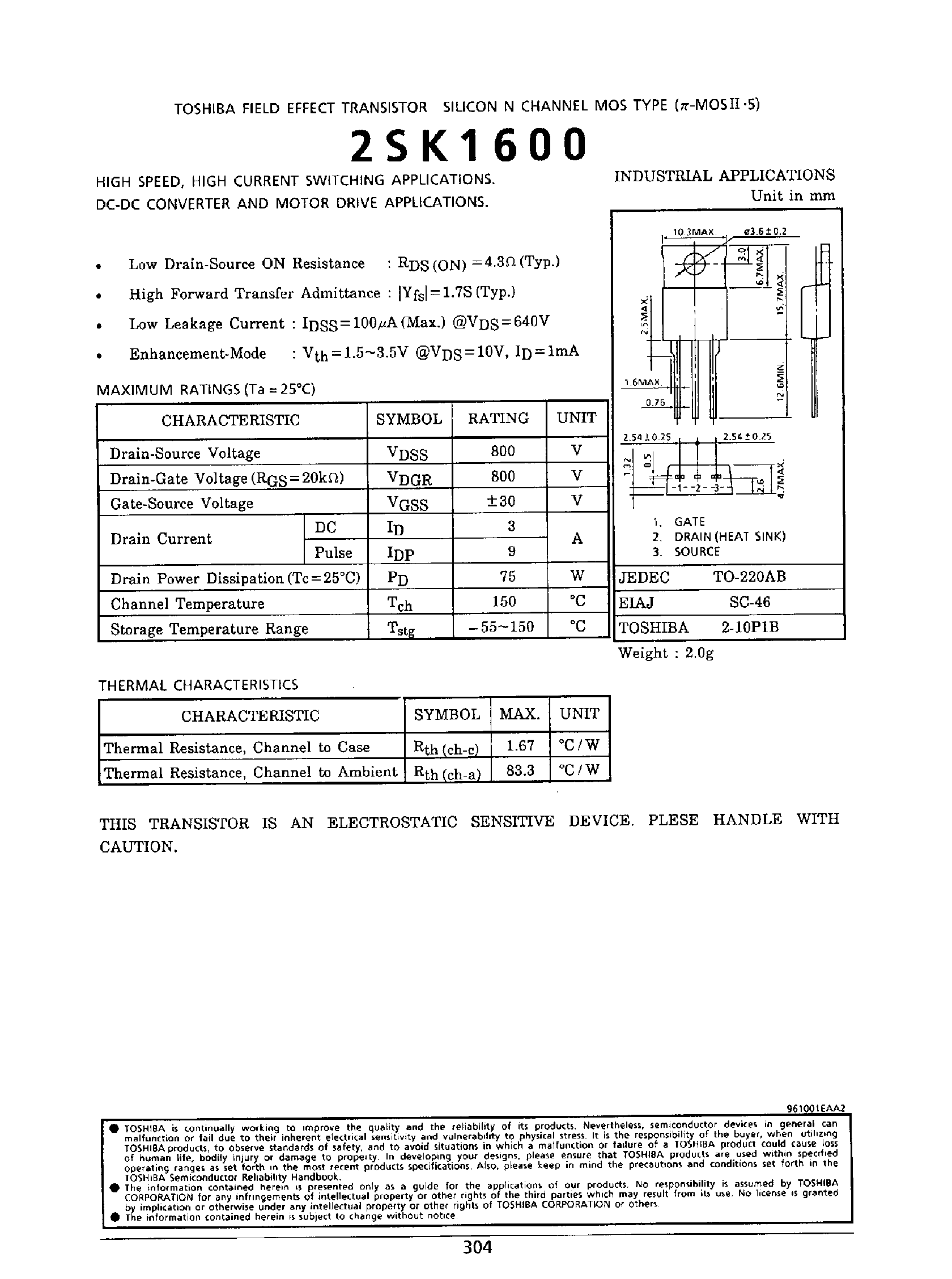 Datasheet 2SK1600 - FIELD EFFECT TRANSISTOR SILICON N-CHANNEL MOS TYPE page 1