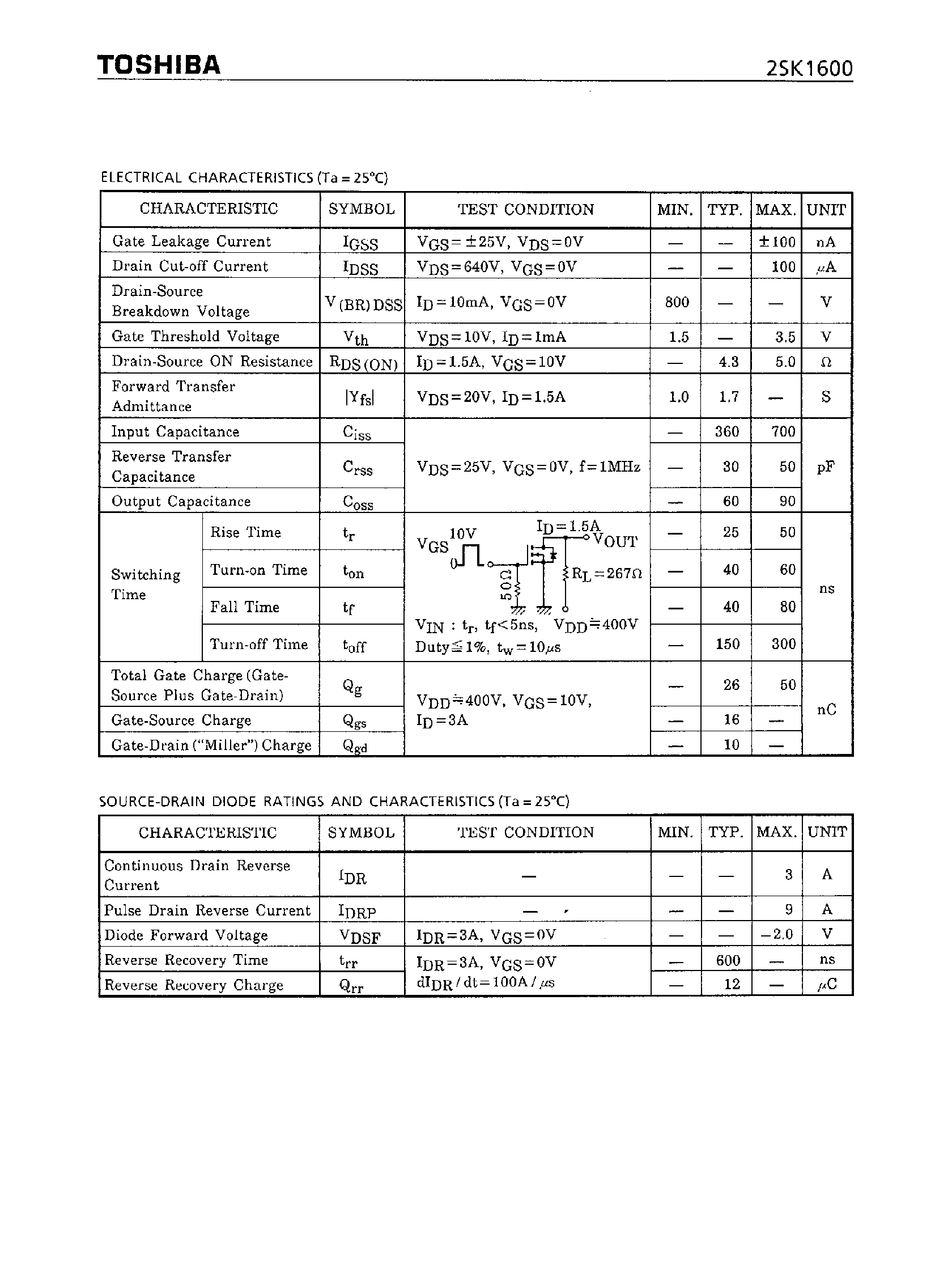 Datasheet 2SK1600 - FIELD EFFECT TRANSISTOR SILICON N-CHANNEL MOS TYPE page 2