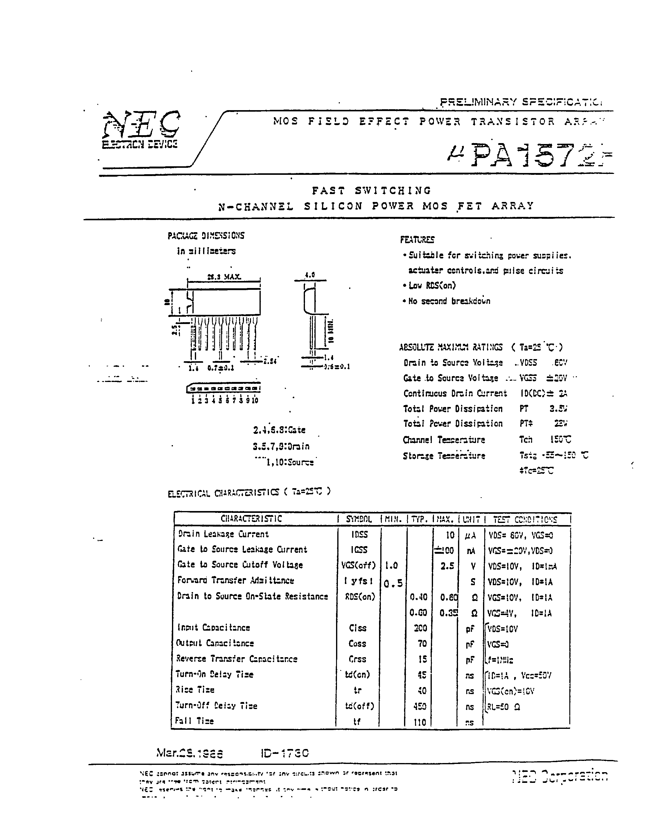 Даташит UPA1572H - FAST SWITCHING N-CHANNEL SILICON POWER MOS FET ARRAY страница 1