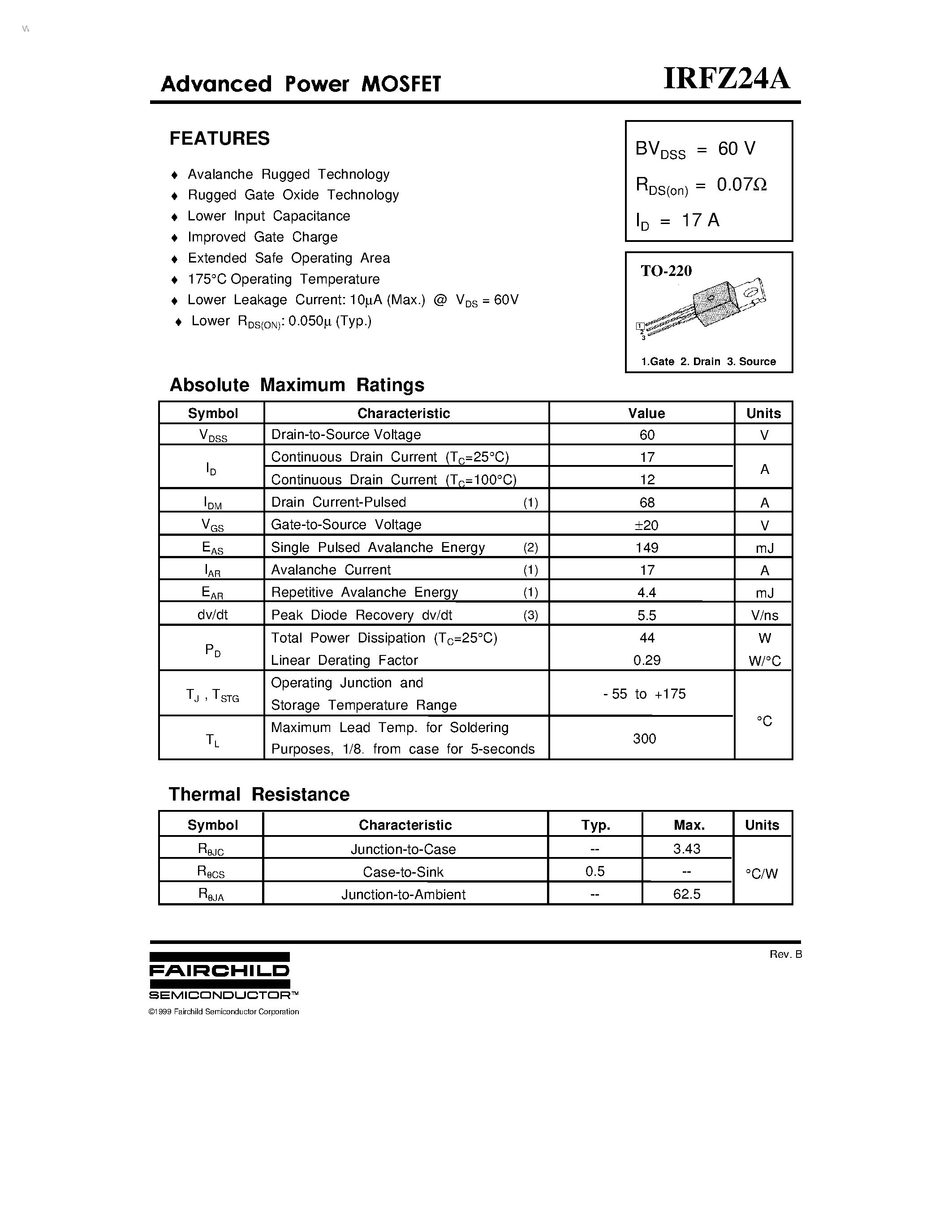 Даташит IRFZ24A - ADVANCED POWER MOSFET страница 1