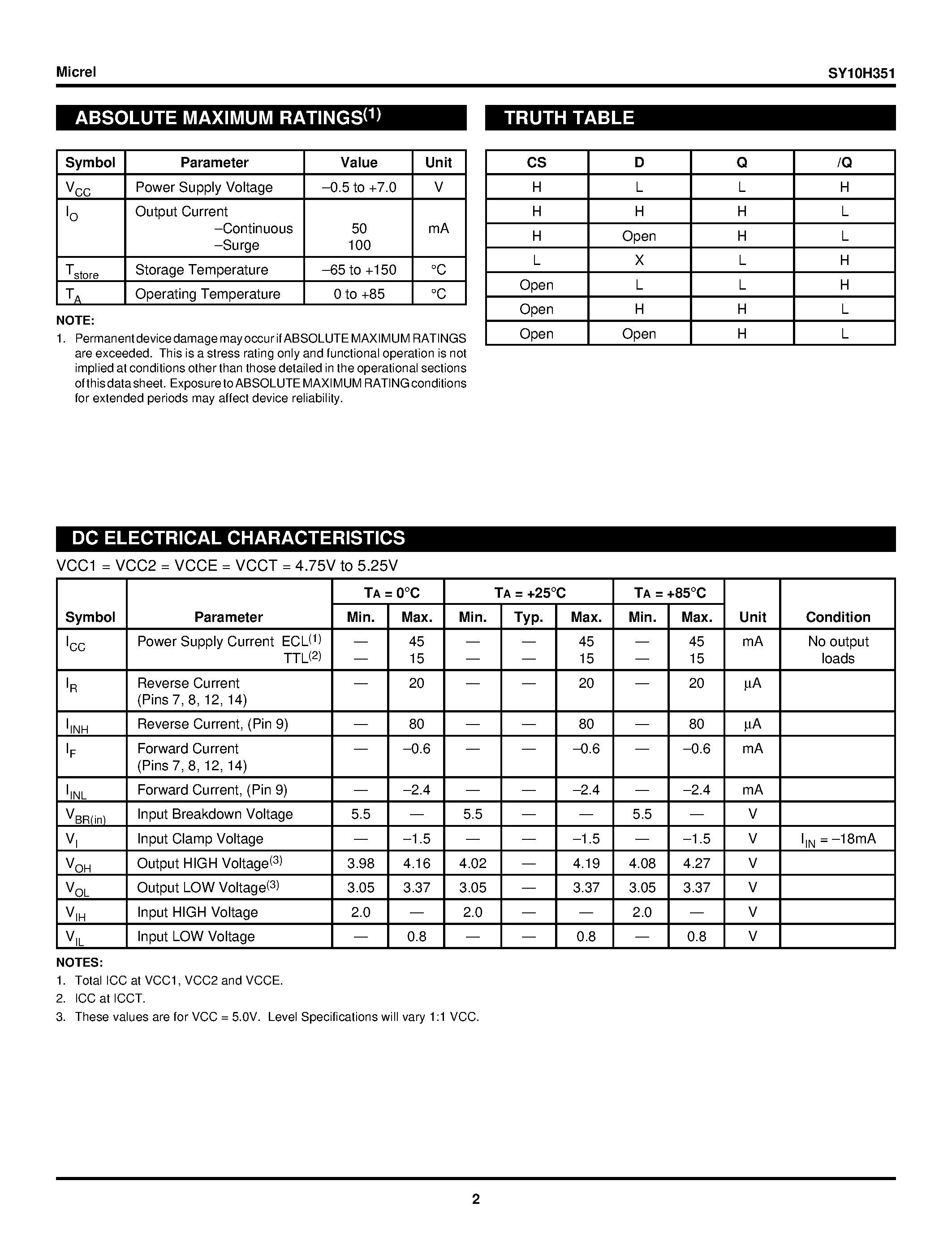 Datasheet SY10H351 - QUAD TTL/NMOS-to-PECL TRANSLATOR page 2