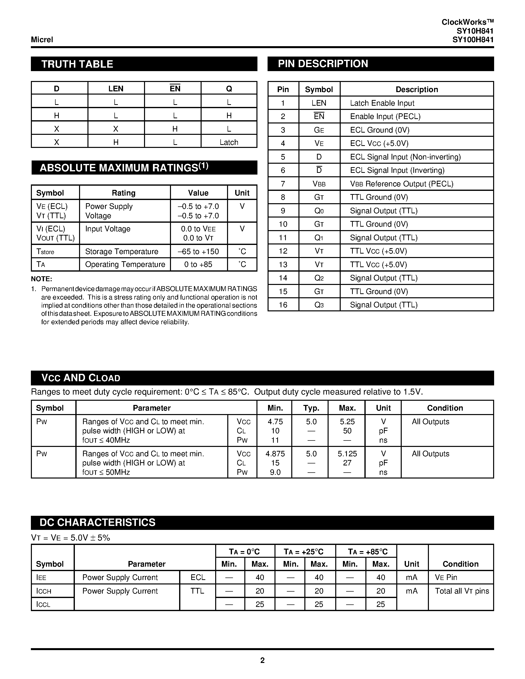 Datasheet SY100H841 - SINGLE SUPPLY QUAD PECL-TO-TTL W/LATCHED OUTPUT ENABLE page 2