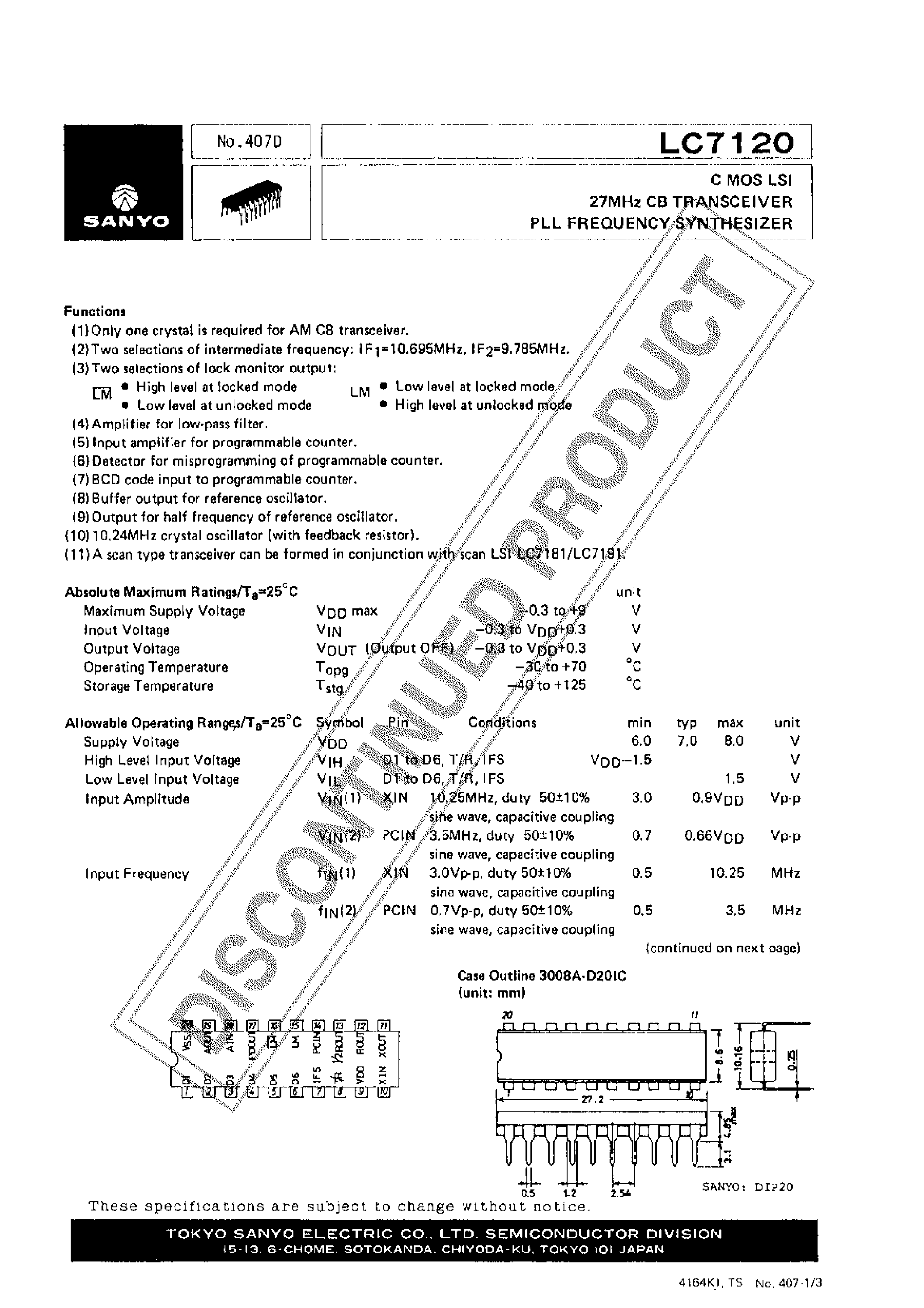 Datasheet LC7120 - CMOS LSI 27MHz CB TRANSCEIVER PLL FREQUENCY SYNTHESIZER page 1