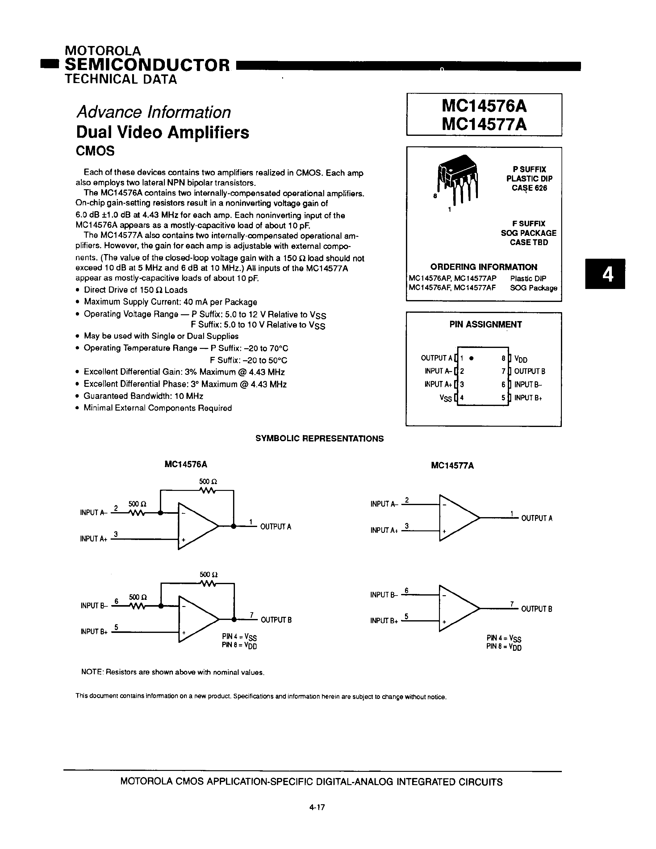 Даташит MC14576A - Dual Video Amplifiers страница 1