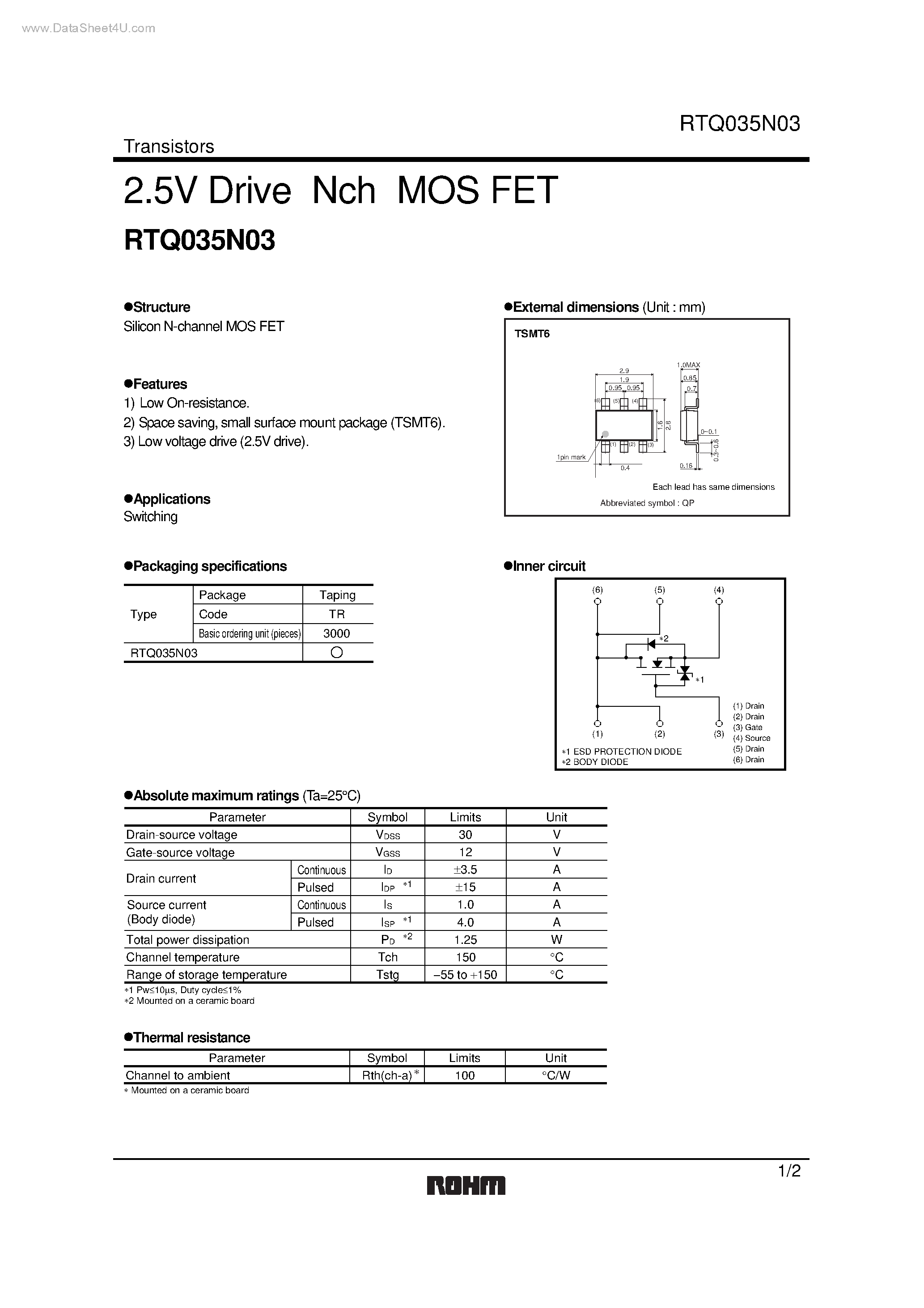 Даташит RTQ035N03 - 2.5V Drive Nch MOS FET страница 1